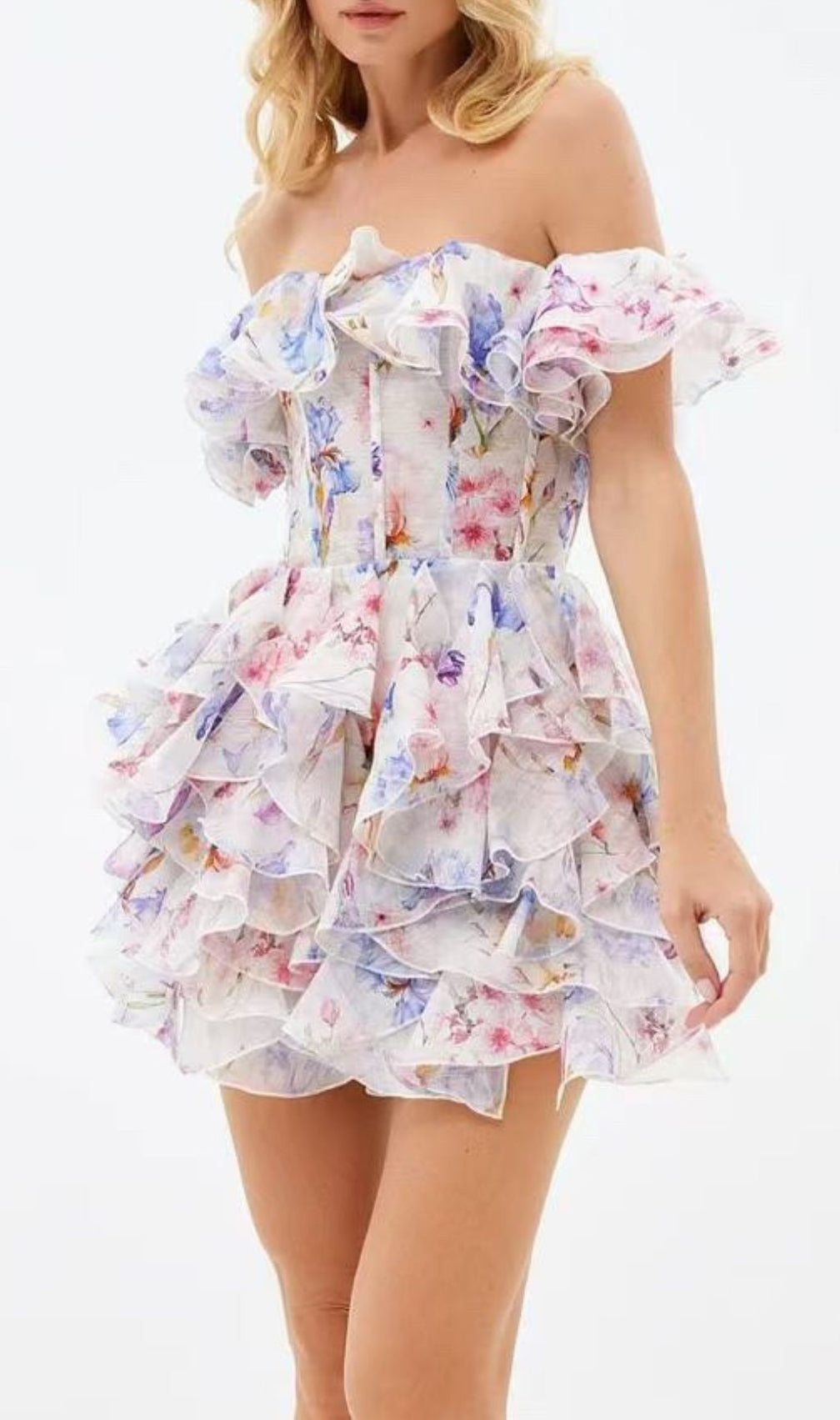 Gleb Printed Off-Shoulder Corset Mini Dress