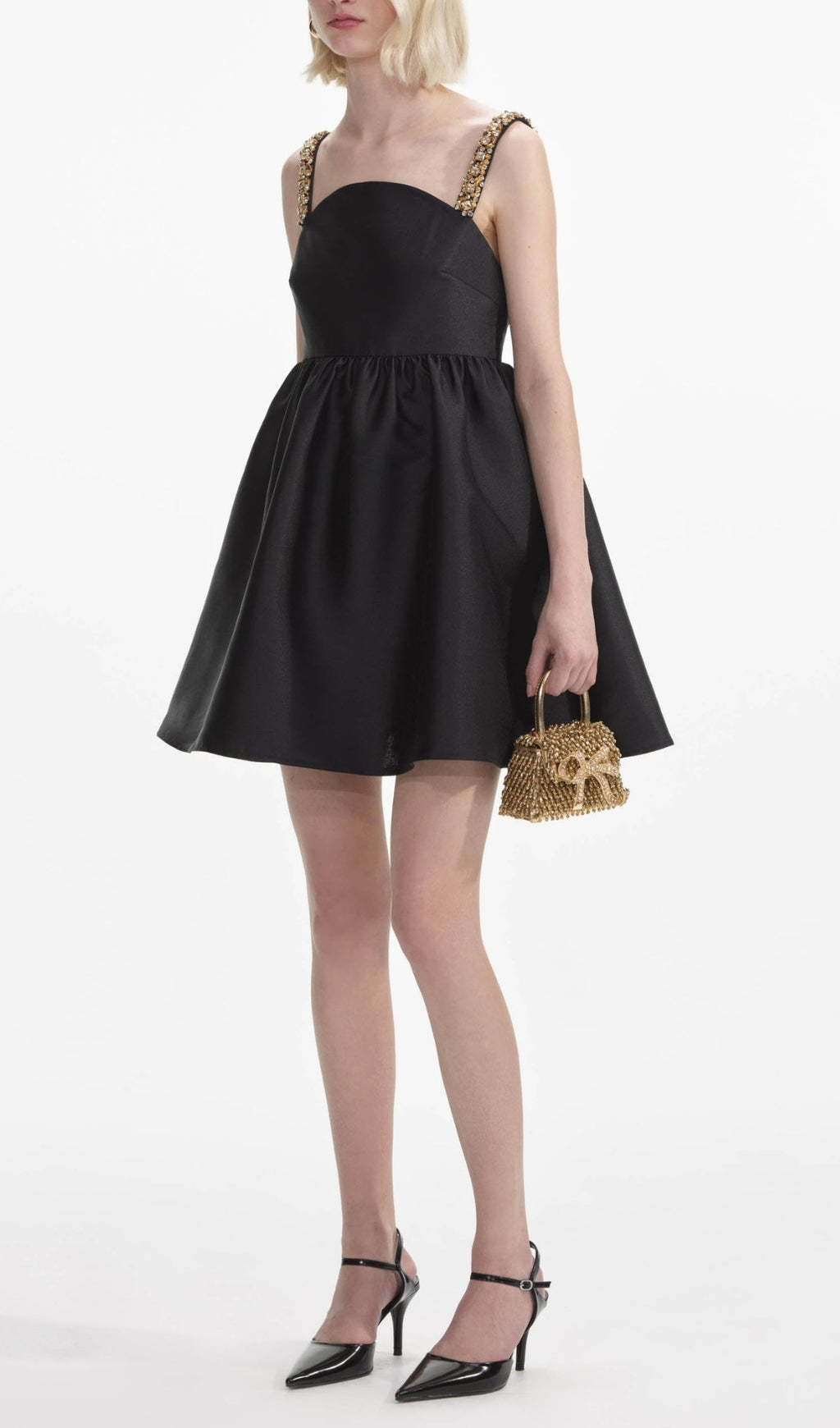 Aulii Black Taffeta Embellished Mini Dress