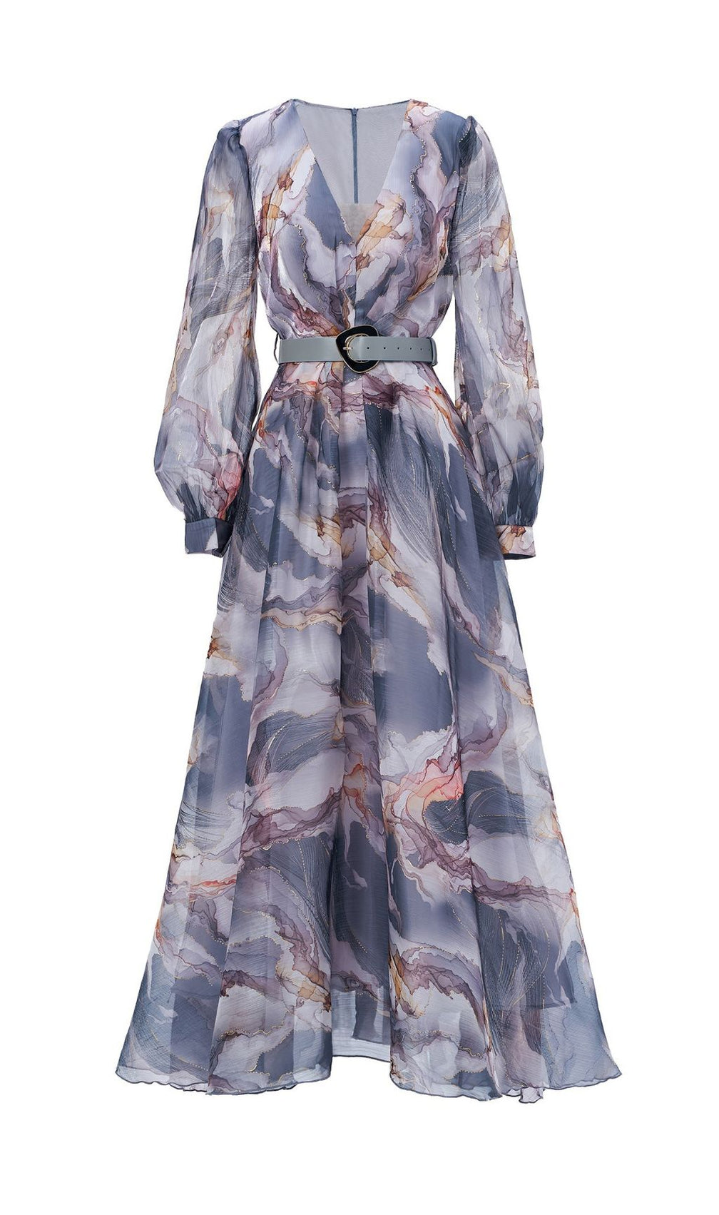 Feryal Grey Printed Long Sleeve Maxi Dress