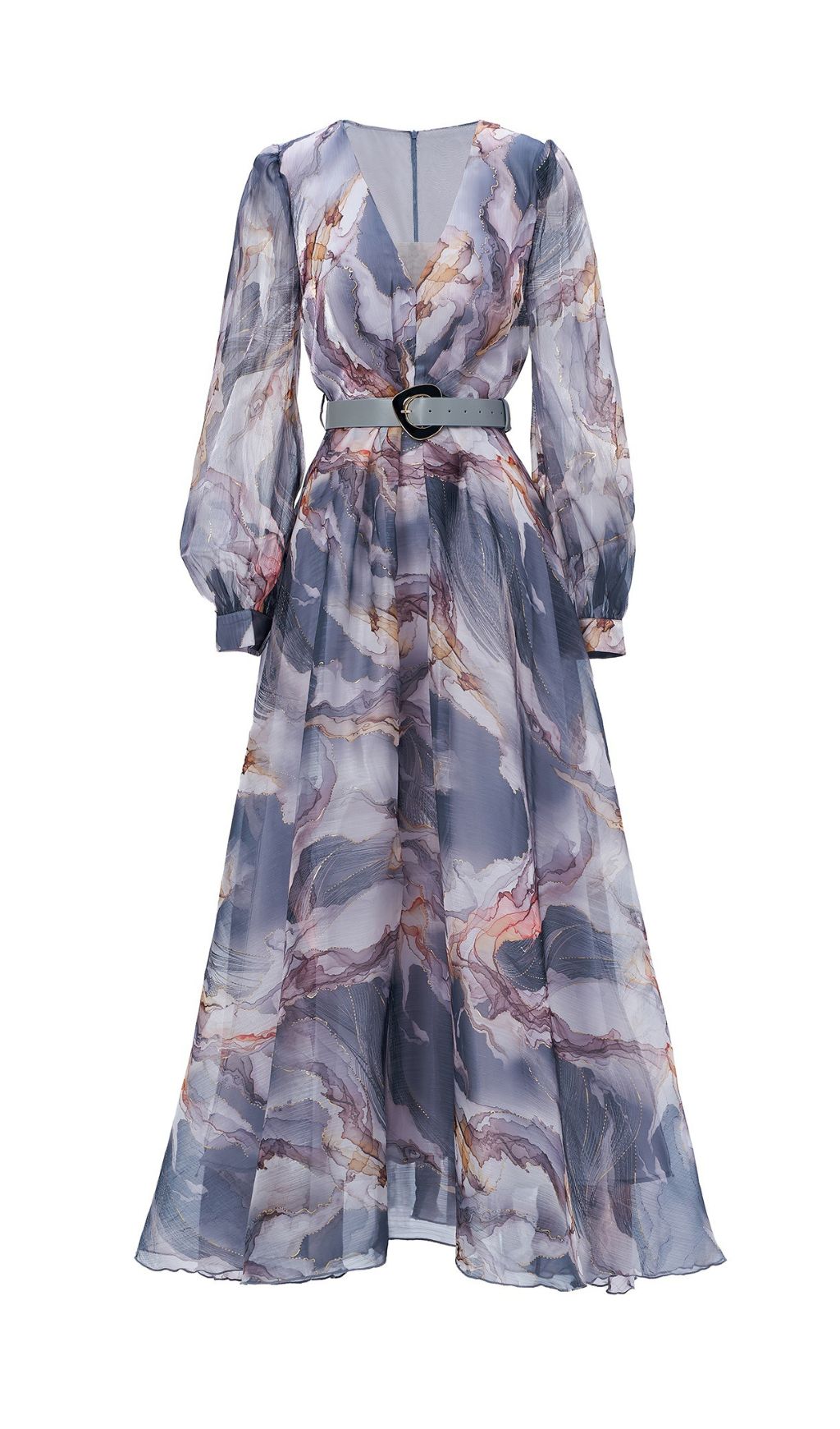 Feryal Grey Printed Long Sleeve Maxi Dress