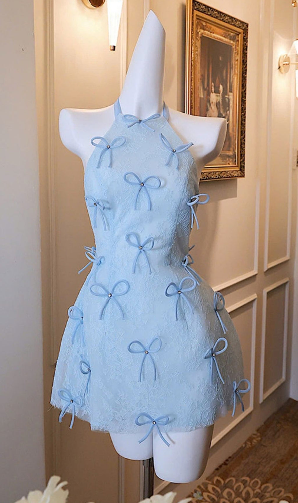 Kanon Chic Blue Halter Mini Dress with Whimsical Bows