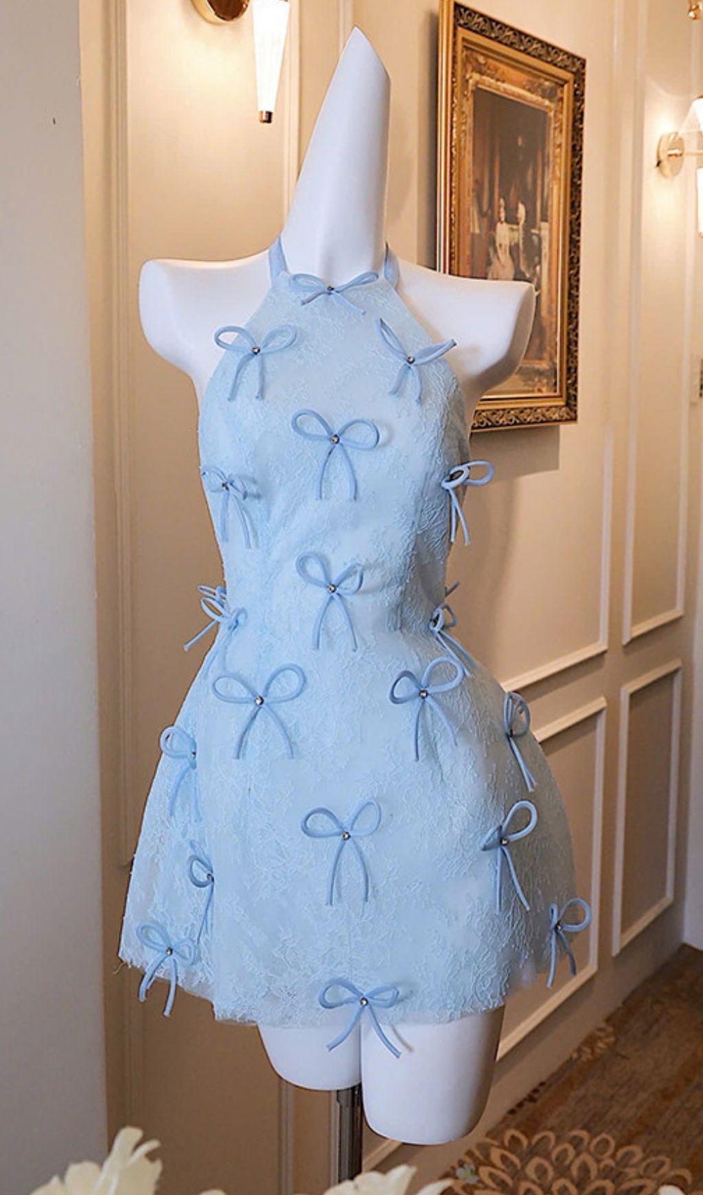 Kanon Chic Blue Halter Mini Dress with Whimsical Bows