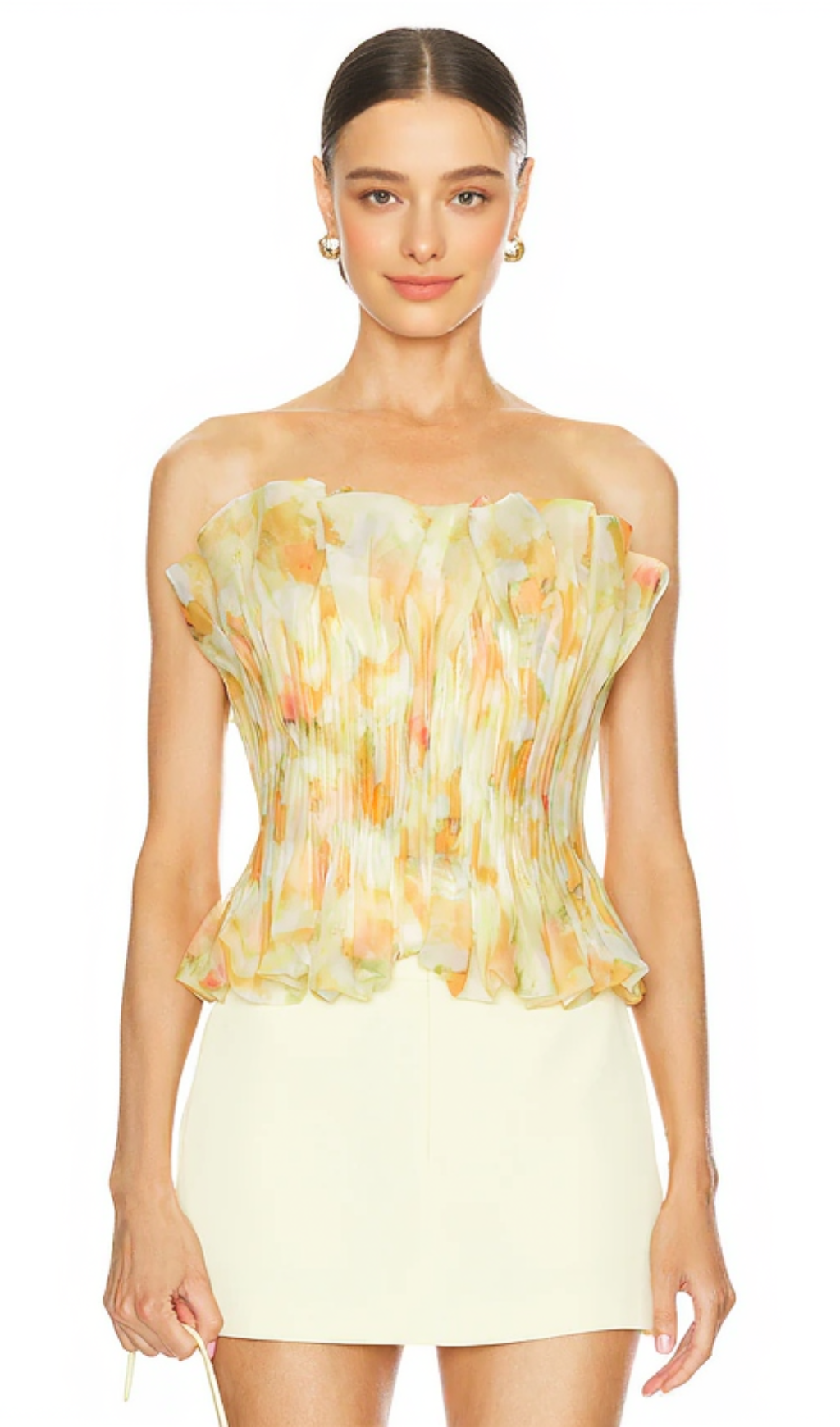 print ruffle trim top in yellow