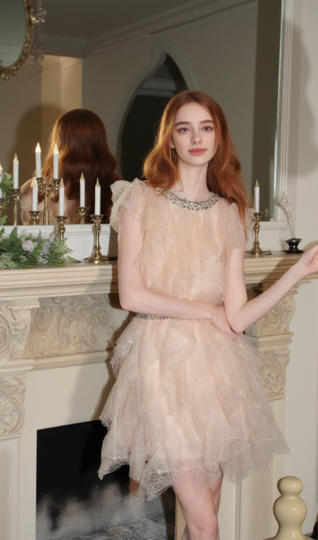 Crystal Embellished Ruffle mini Dress in pale pink