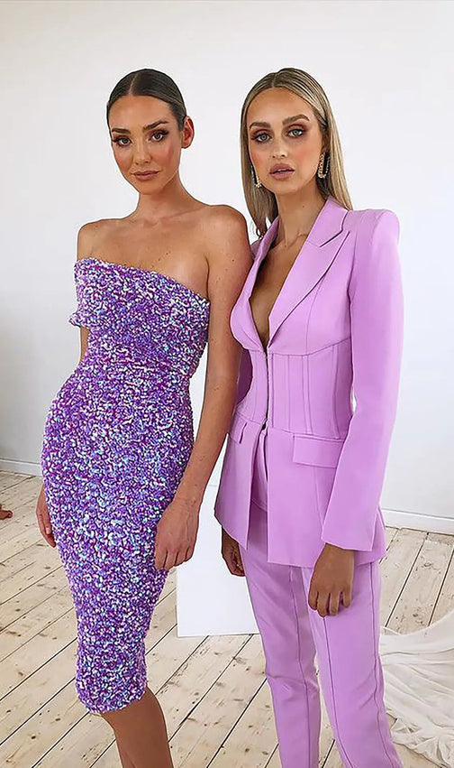 Purple One Shoulder Backless Sequin Midi Dress