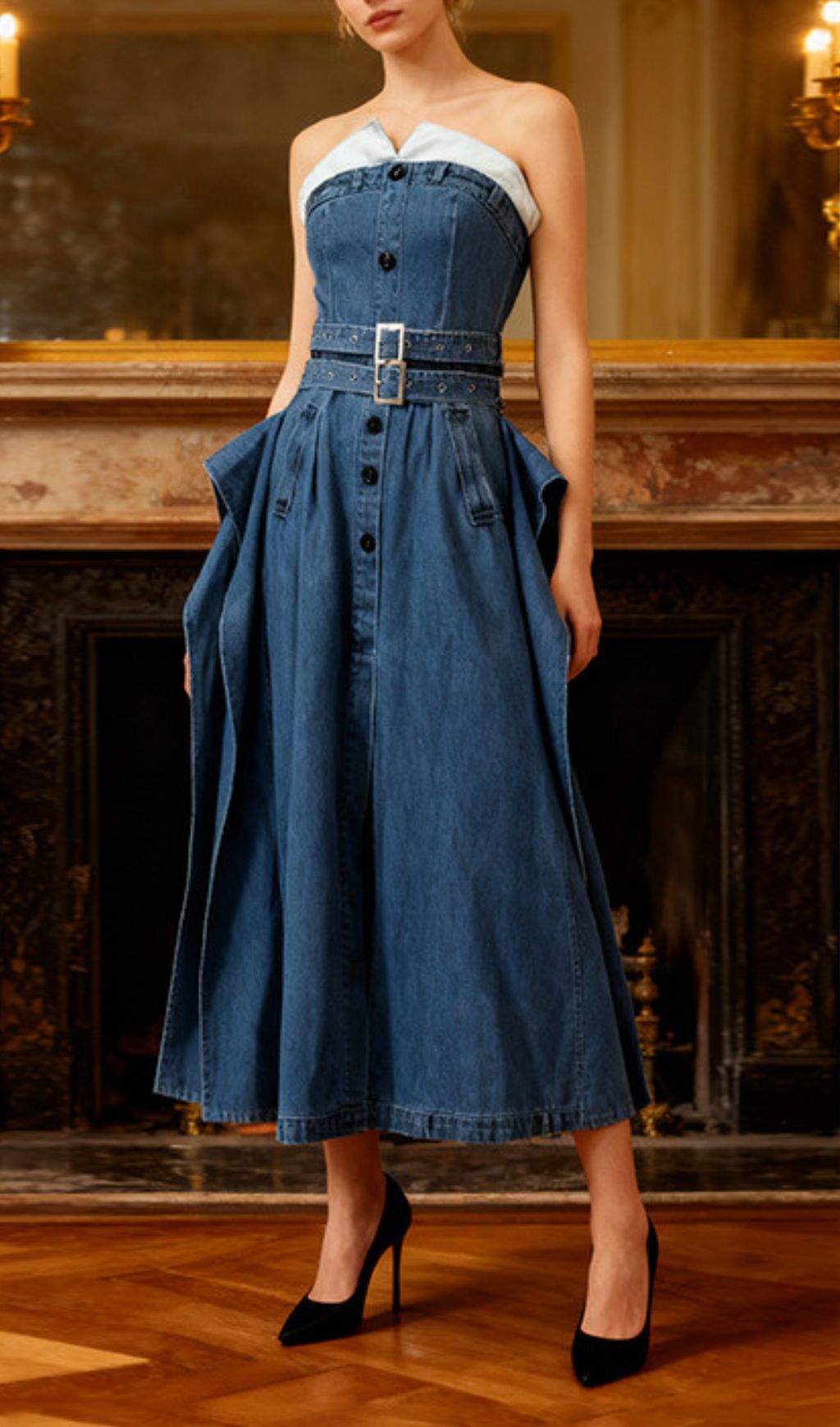 Isako Chic Strapless Denim Midi Dress with Belt – Effortless Elegance