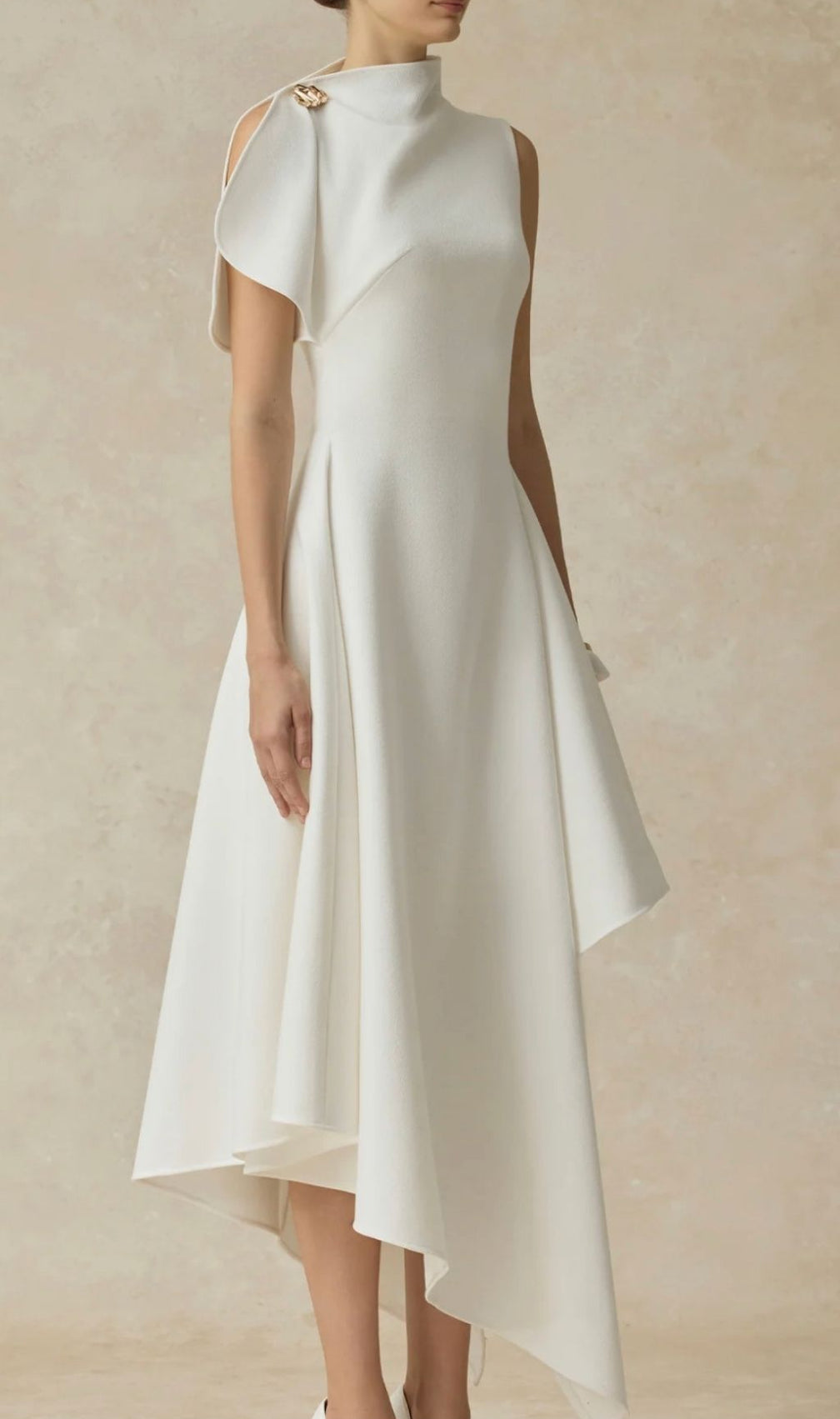 Kessie Chic White Asymmetrical Hem High-Neck Maxi Dress with Draped Shoulder