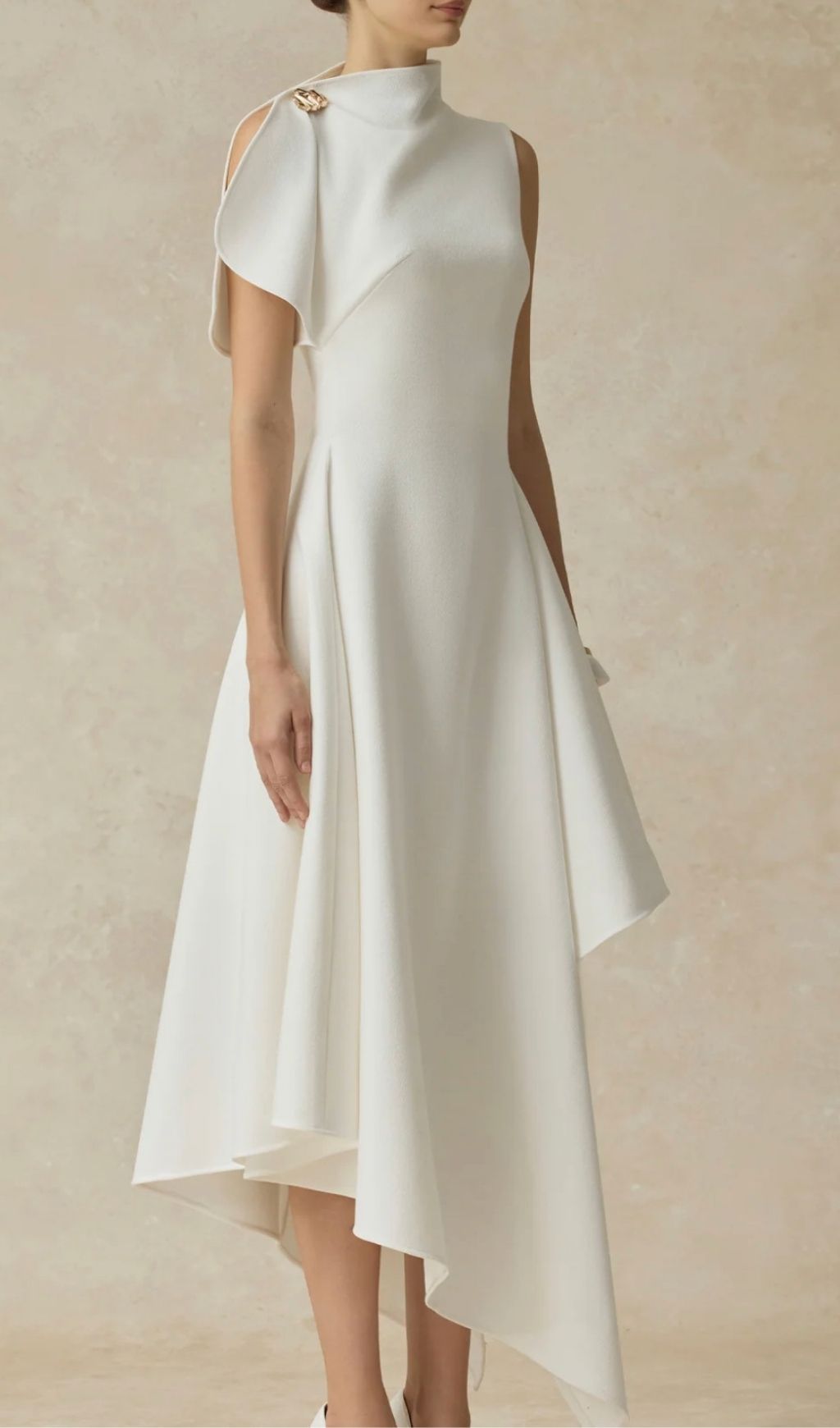 Kessie Chic White Asymmetrical Hem High-Neck Maxi Dress with Draped Shoulder