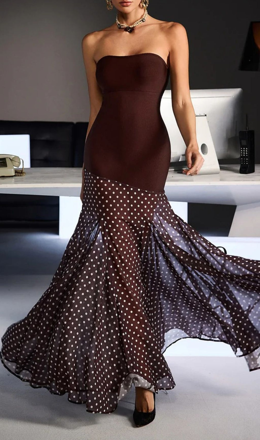 Fermintxo Chic Strapless Bandage Polka Dot Maxi Dress | Sculpted Evening Elegance
