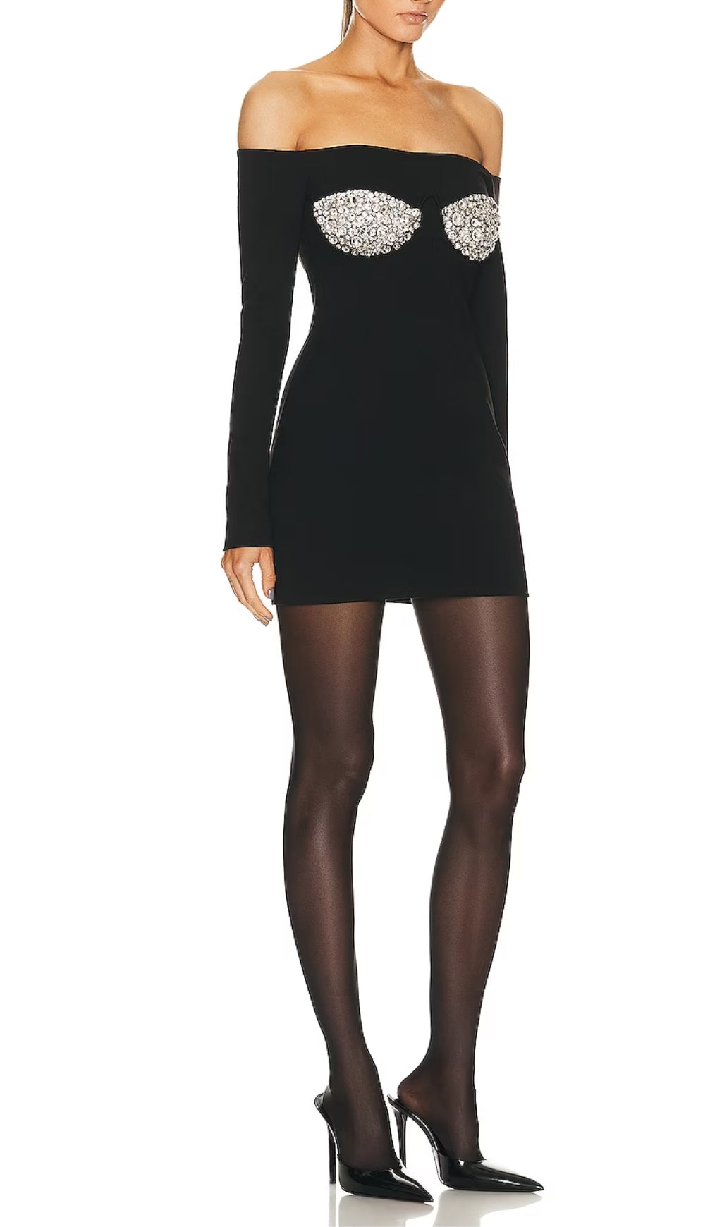 Black Off Shoulder Crystal Cup Mini Dress