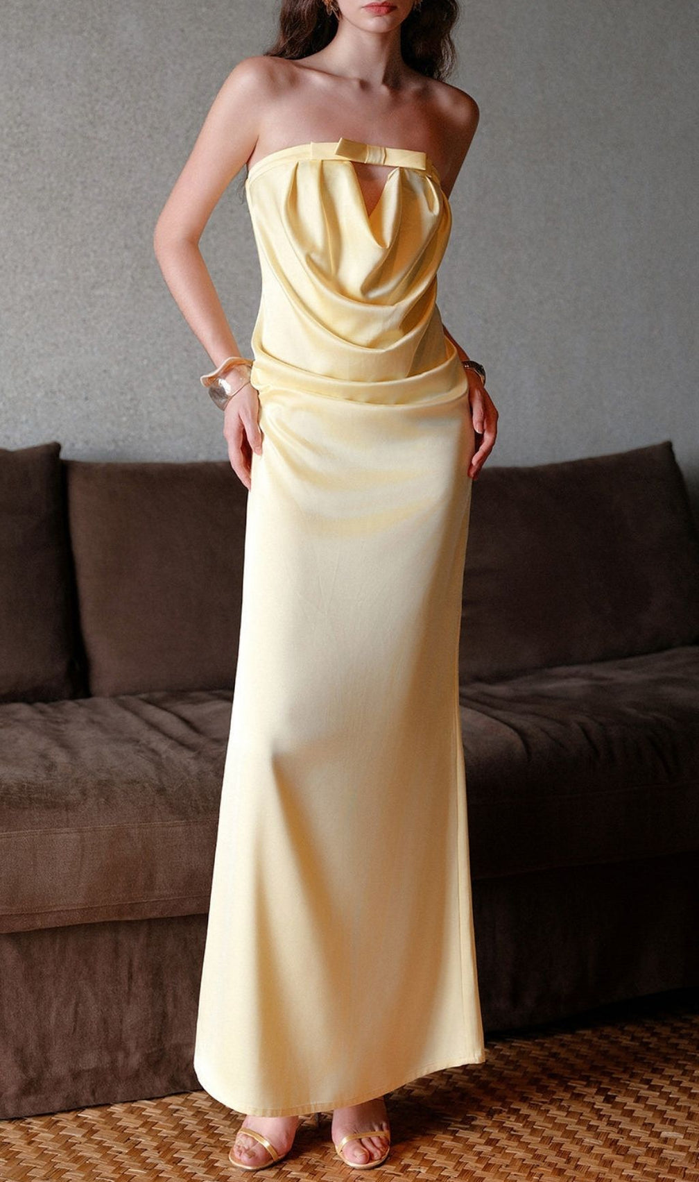 Khadija Radiant Yellow Strapless Satin Maxi Dress | Elegant Cowl Neck Gown