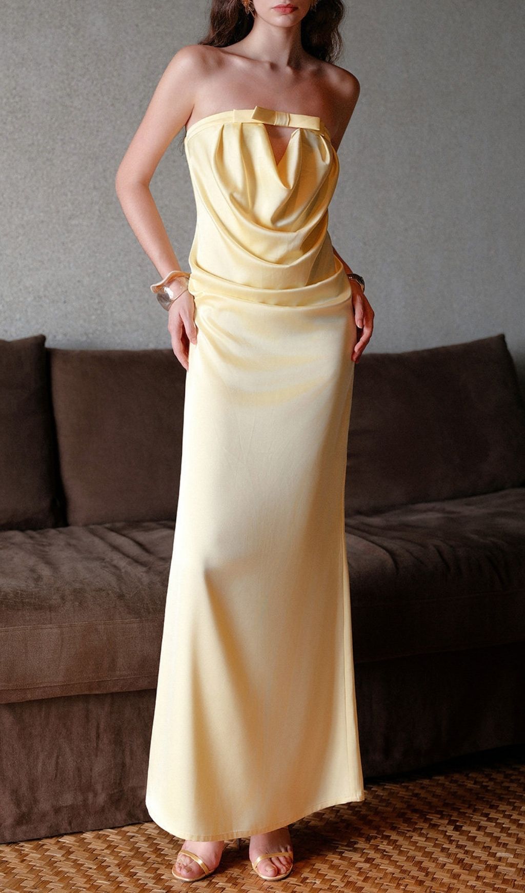 Khadija Radiant Yellow Strapless Satin Maxi Dress | Elegant Cowl Neck Gown
