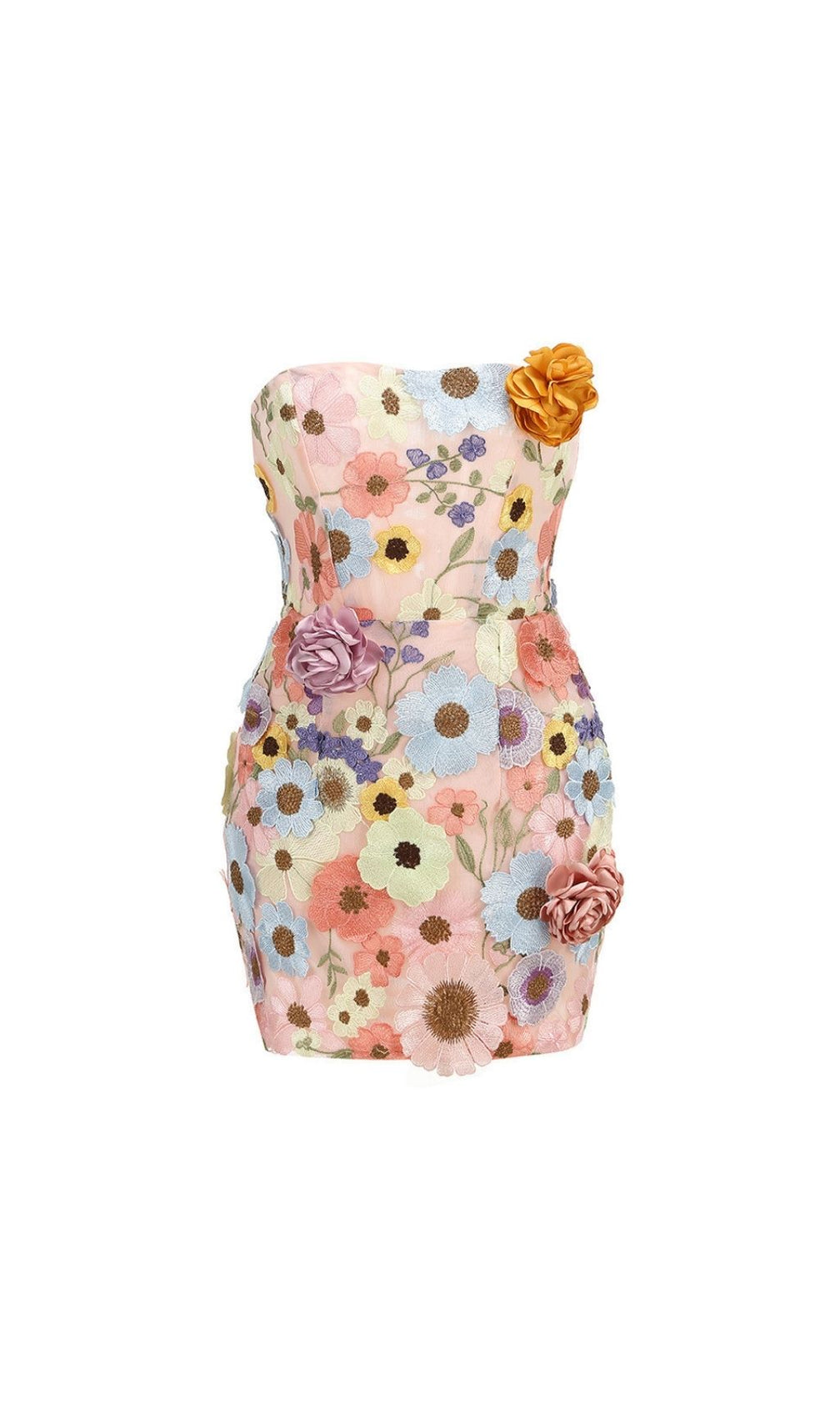 Laasya Pink Strapless Flower Embroidery Mini Dress