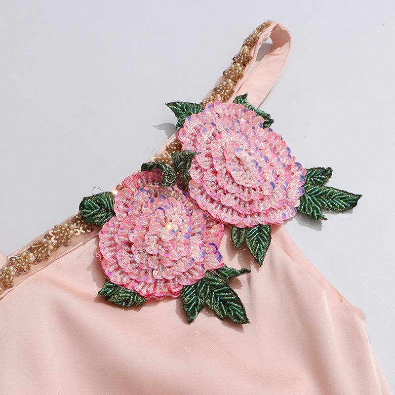 Inge Elegant Pink Floral Maxi Dress | Strappy V-Neck & Chain Trim Gown