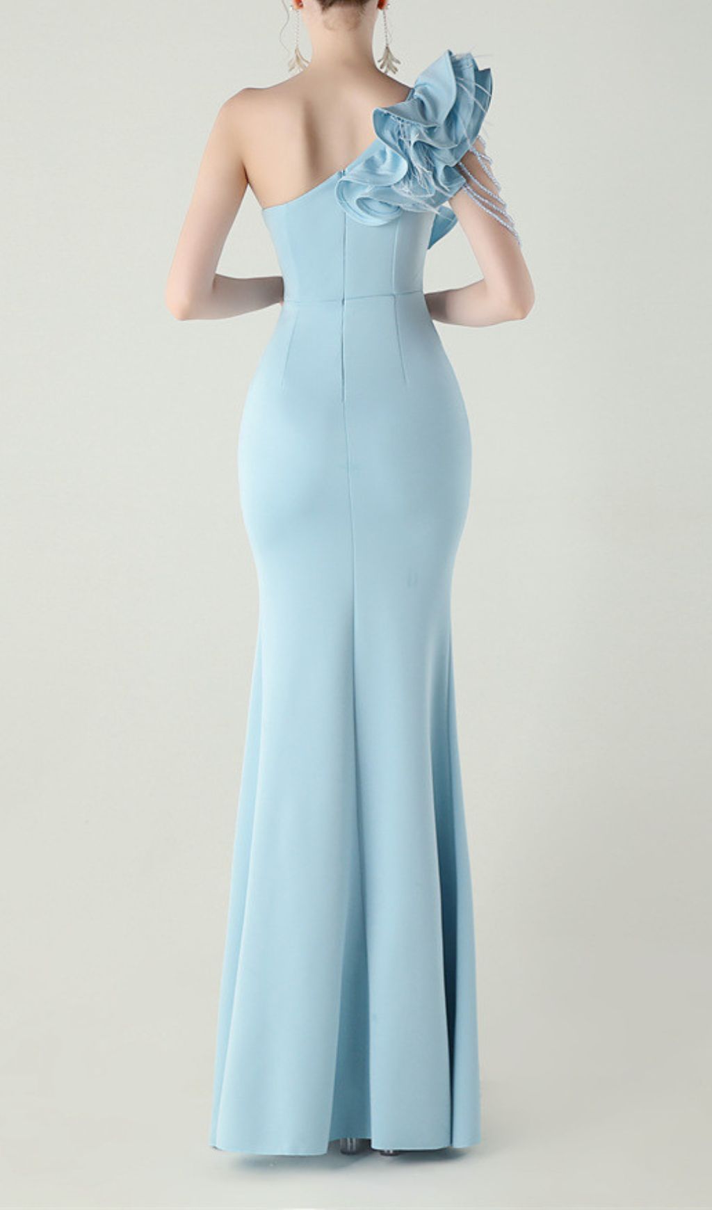 Ijlal Sky Blue One-Shoulder Ruffle Maxi Gown with Slit - Formal Evening Dress