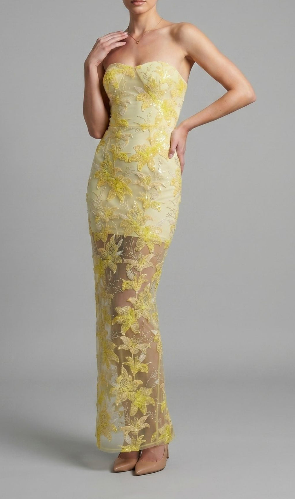 Kikuyo Yellow Strapless Sequin Floral Maxi Dress