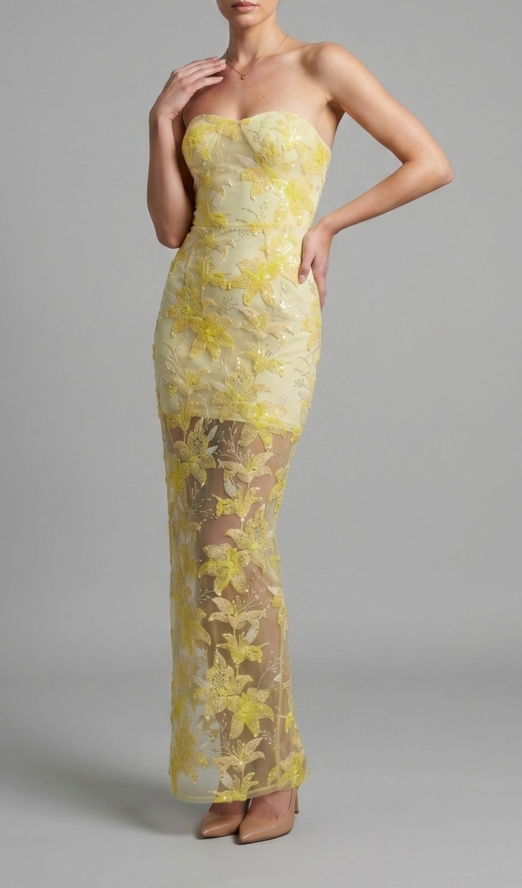 Kikuyo Yellow Strapless Sequin Floral Maxi Dress