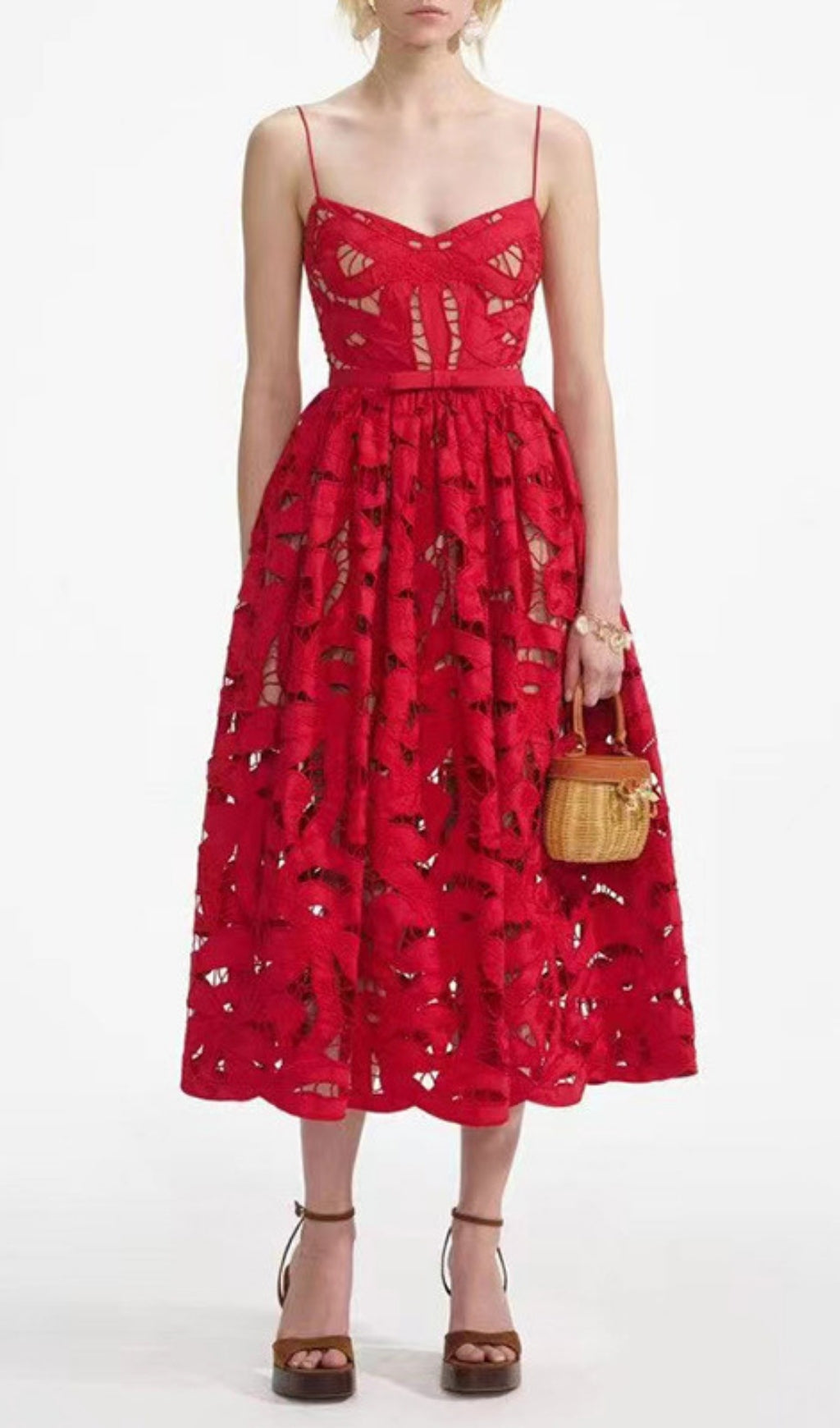 Fay Red Strappy Embroidery Midi Dress