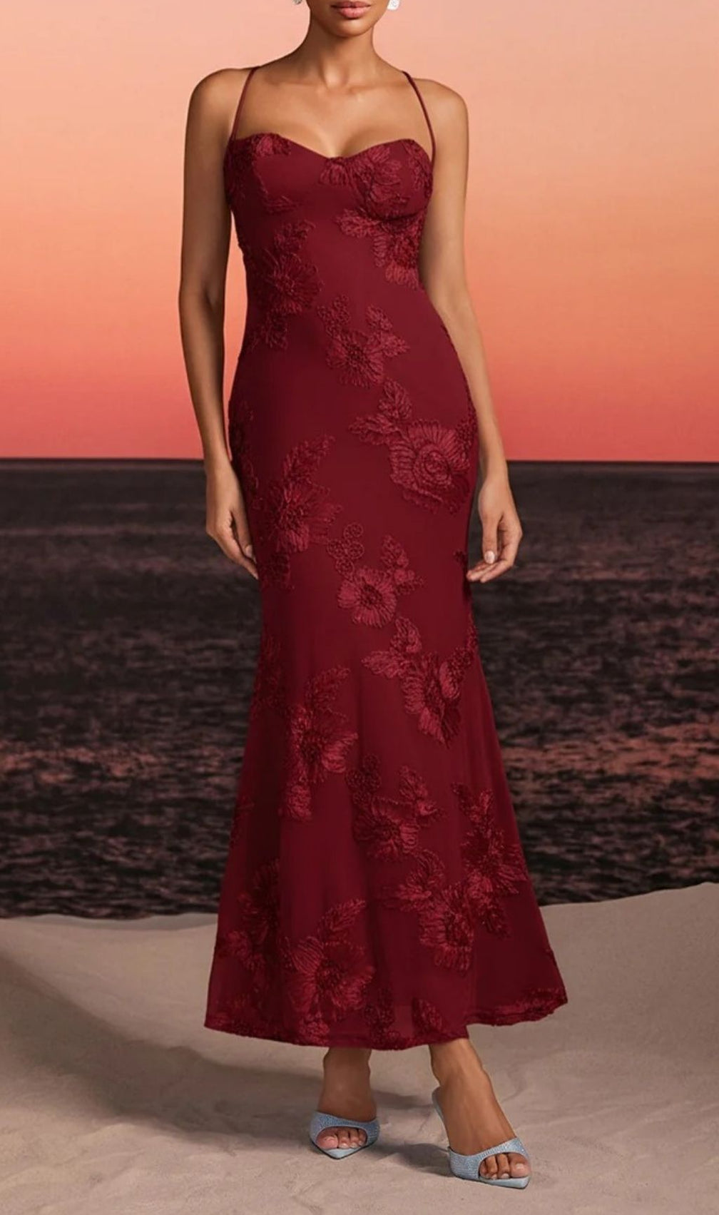 Zryne Spaghetti Embroidered Flower Maxi Dress In Wine