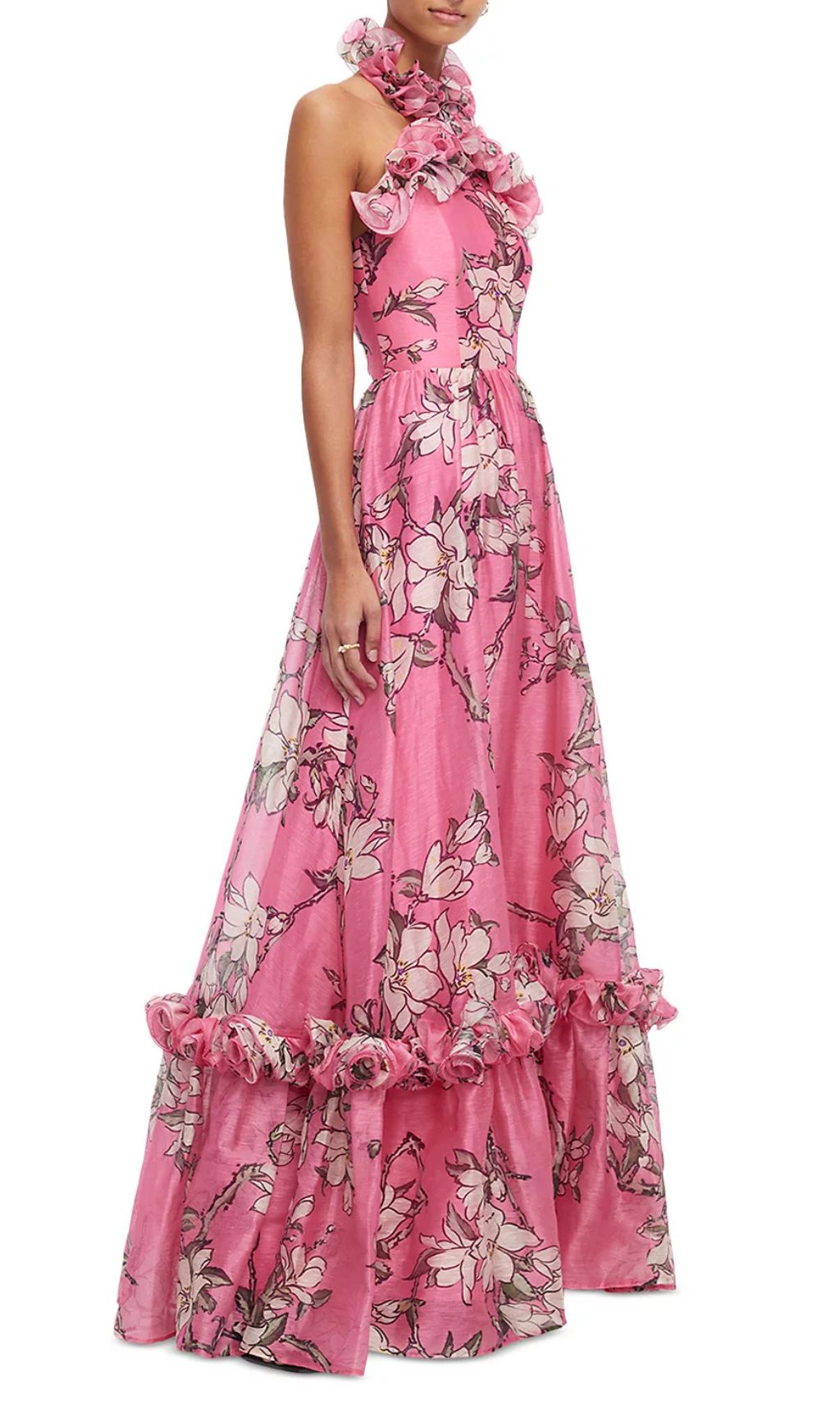 Isabelle Floral Ruffled Halter Maxi Dress - Vibrant Pink Elegance