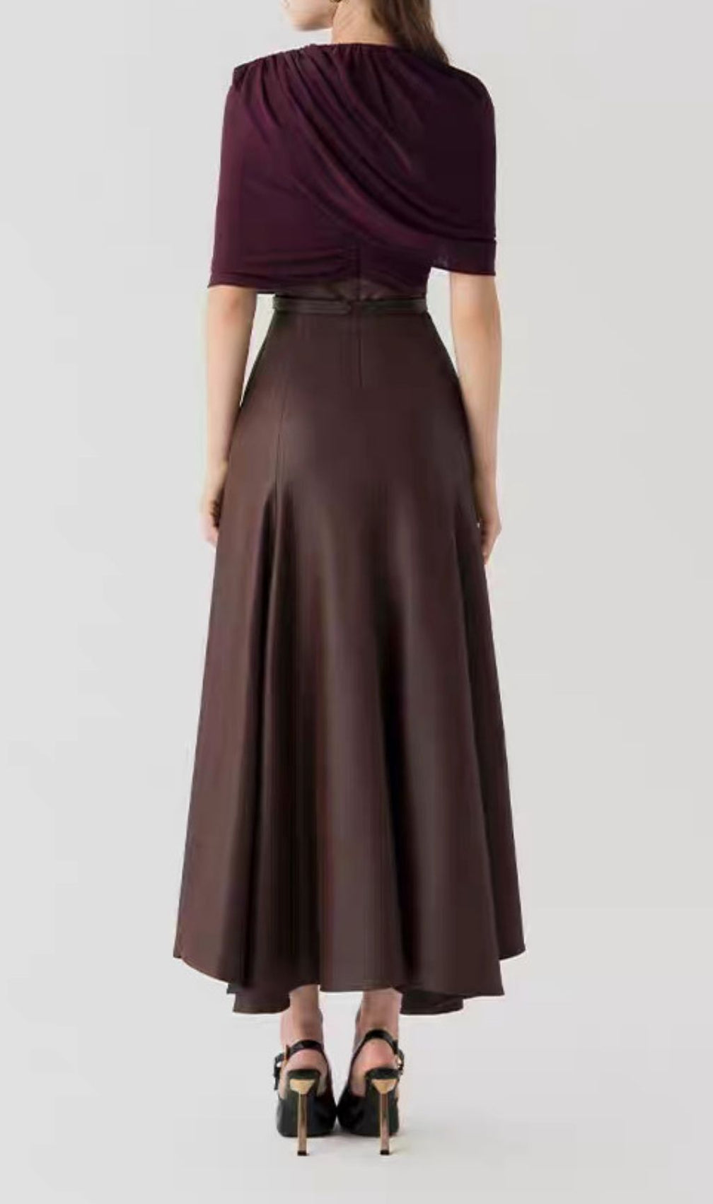 Kiona Coffee Leather Patchwork Maxi Dress