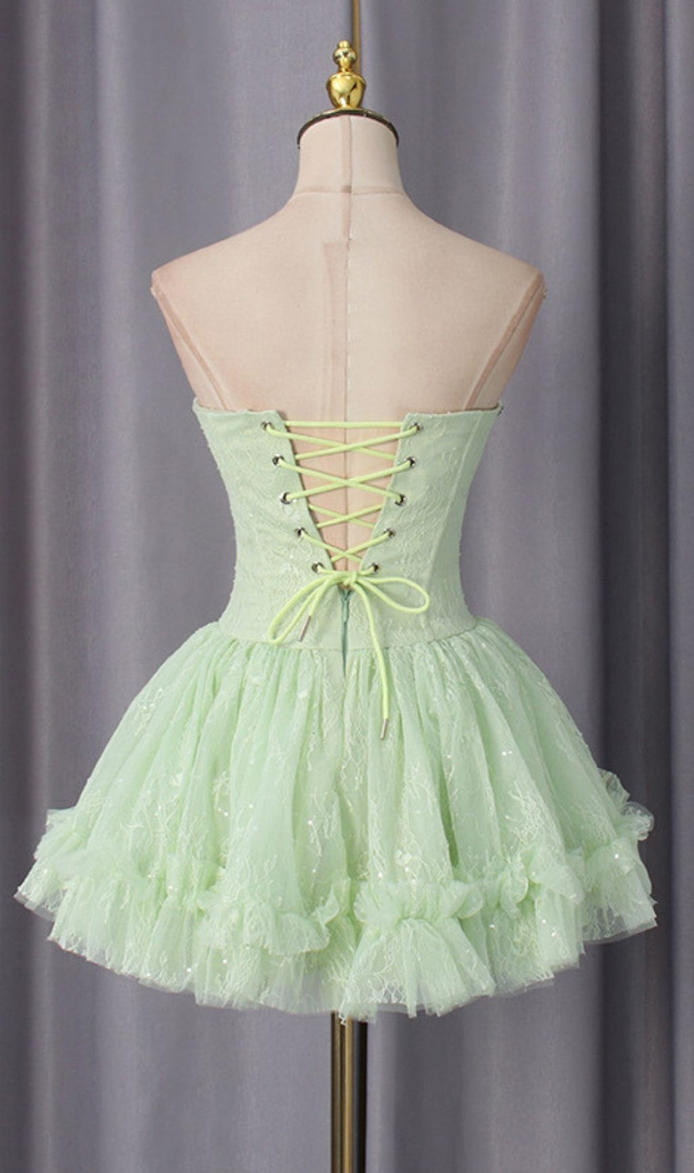 Karmina Glam Green Strapless Corset Ruffle Mini Dress
