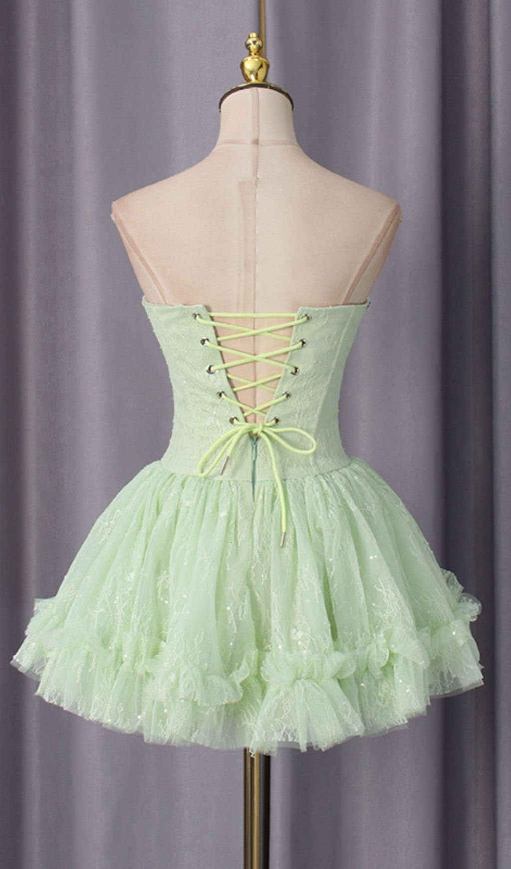 Karmina Glam Green Strapless Corset Ruffle Mini Dress