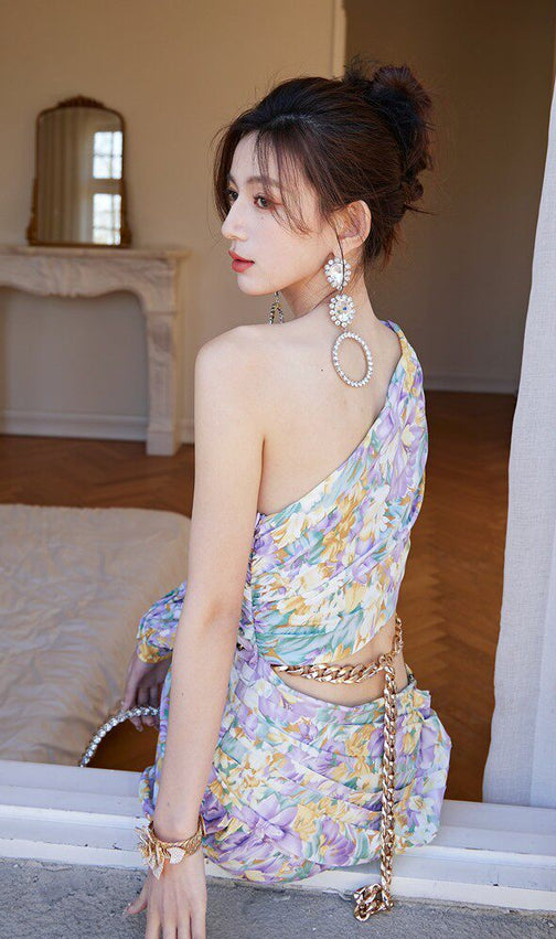 Dolores French Floral One-Shoulder Cutout Maxi Dress with High Slit – Elegant Summer Style