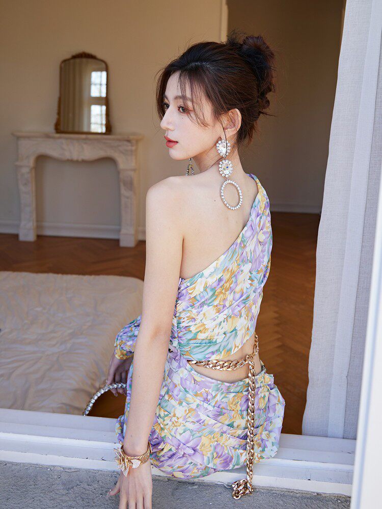Dolores French Floral One-Shoulder Cutout Maxi Dress with High Slit – Elegant Summer Style