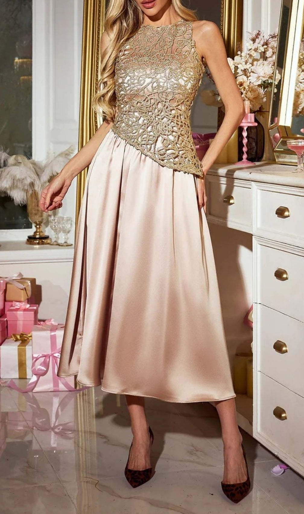 Xorvin Golden Lace Bodice & Champagne Satin Midi Dress - Elegant Sleeveless Cocktail & Party Gown