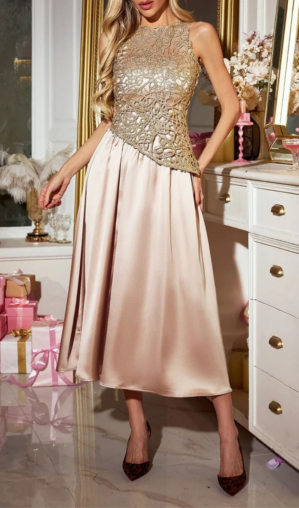 Xorvin Golden Lace Bodice & Champagne Satin Midi Dress - Elegant Sleeveless Cocktail & Party Gown