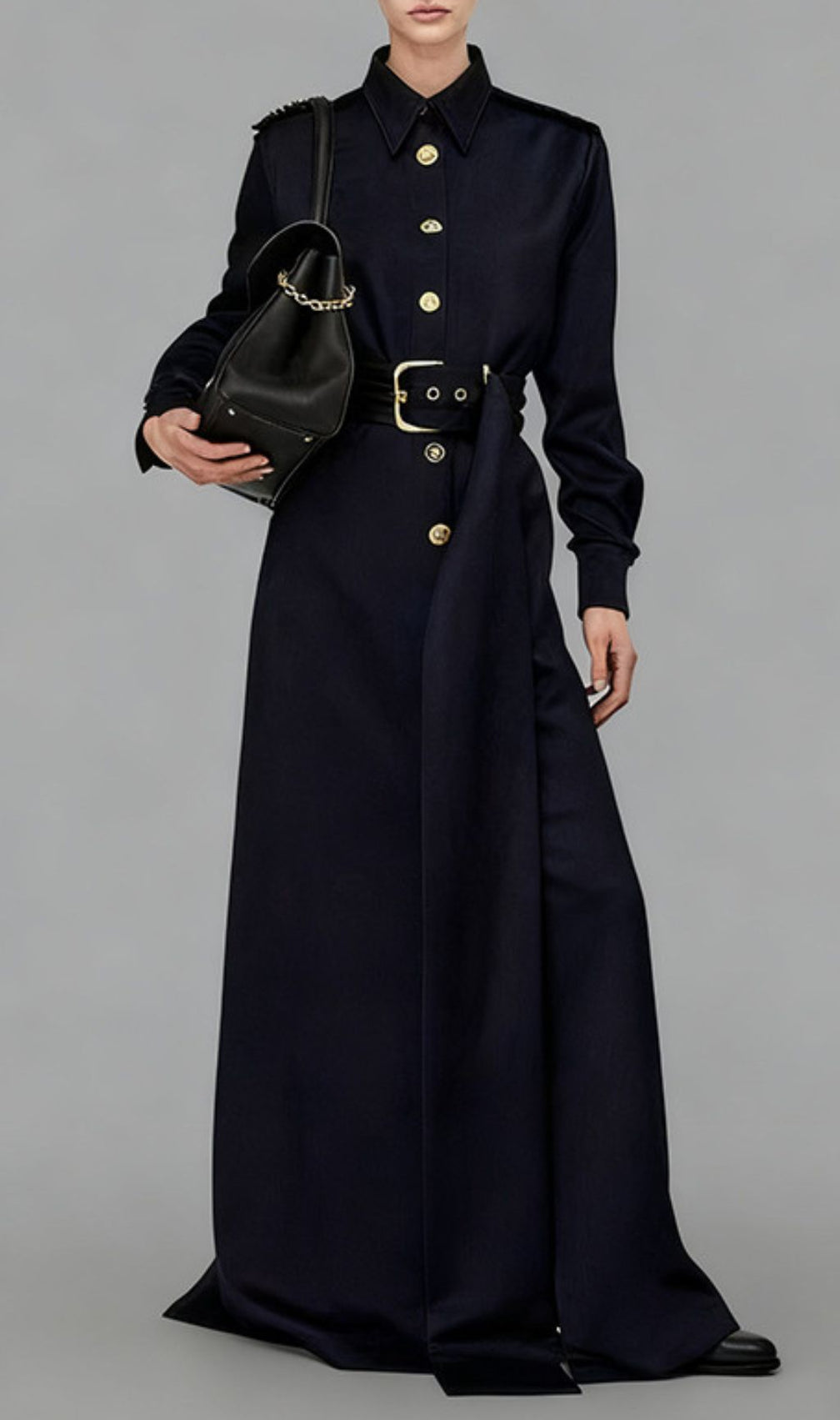 Ioannis Commander Black Belted Maxi Shirtdress with Gold Hardware