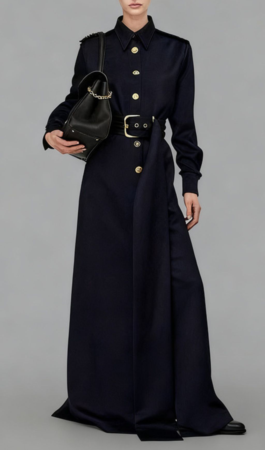 Ioannis Commander Black Belted Maxi Shirtdress with Gold Hardware