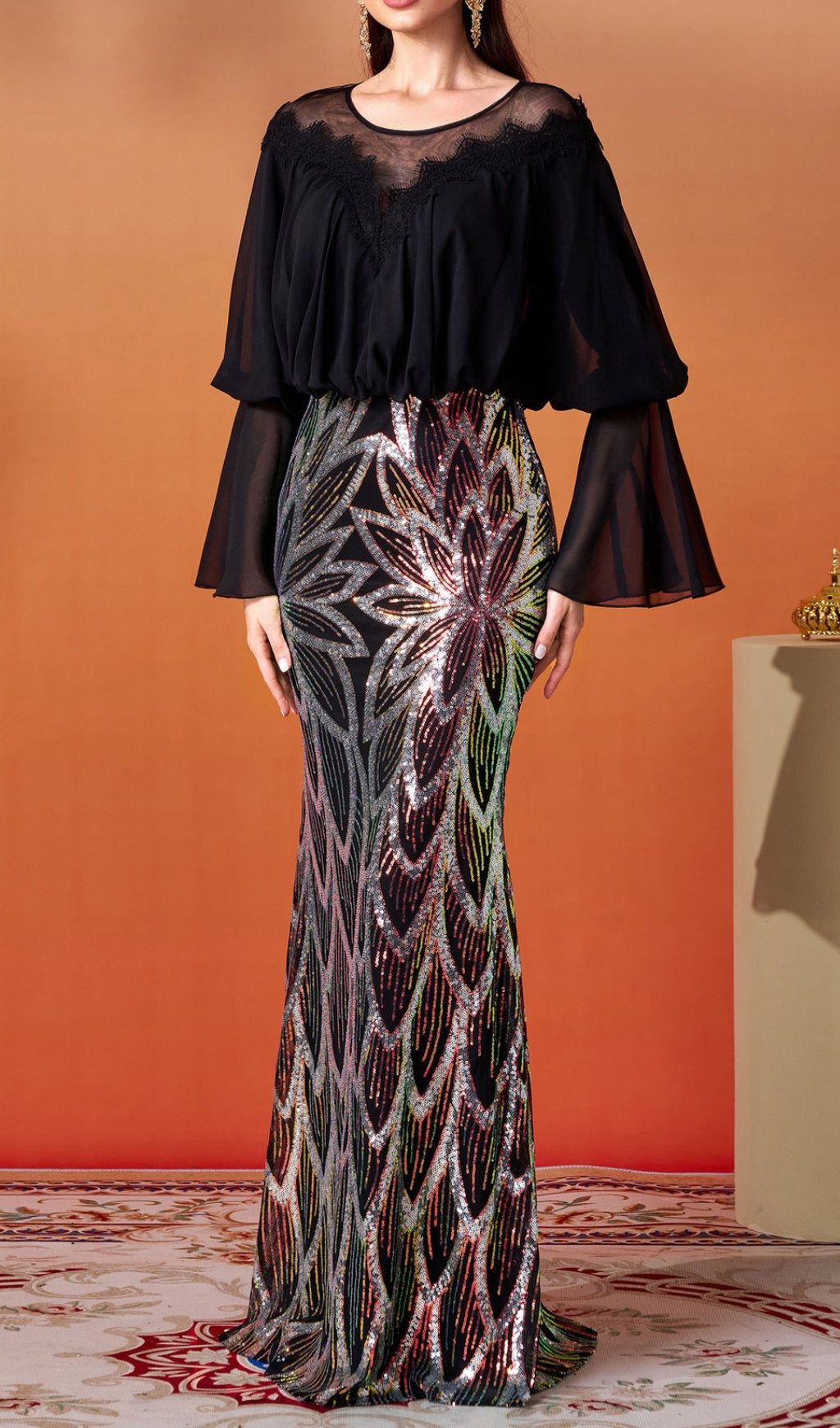 Donda Black Long Sleeve Sequin Maxi Dress