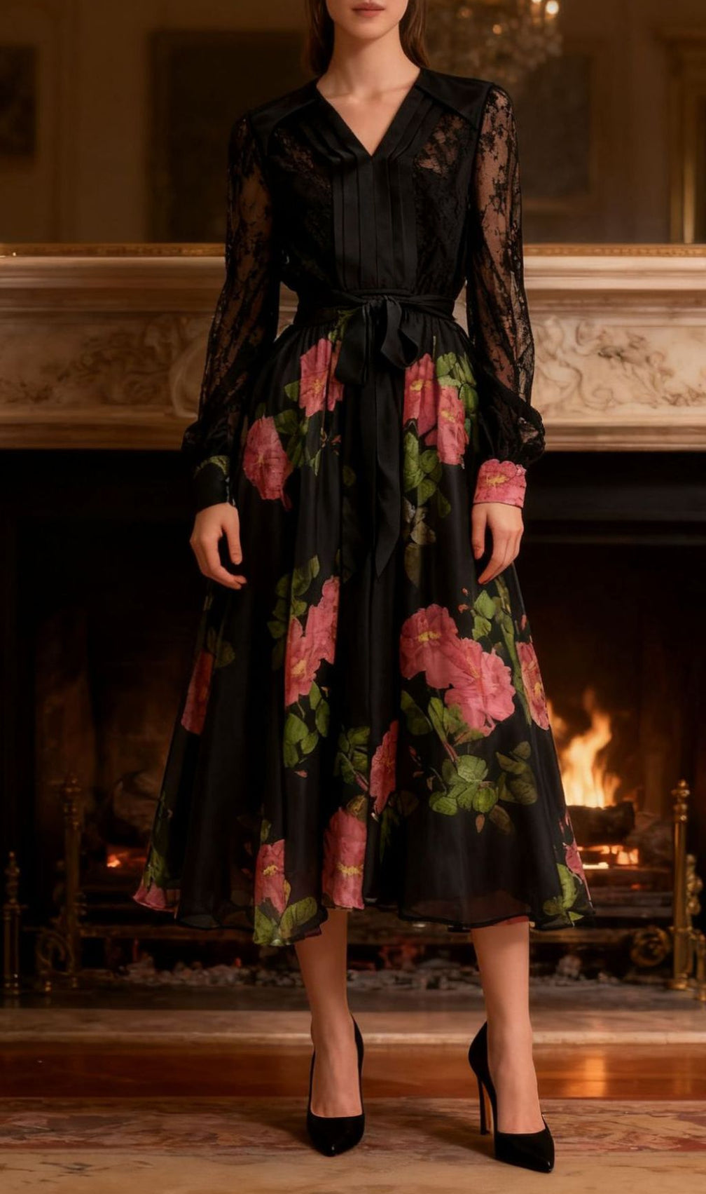 Isaye Elegant Black Floral Lace Midi Dress - Long Sleeve Wrap Style