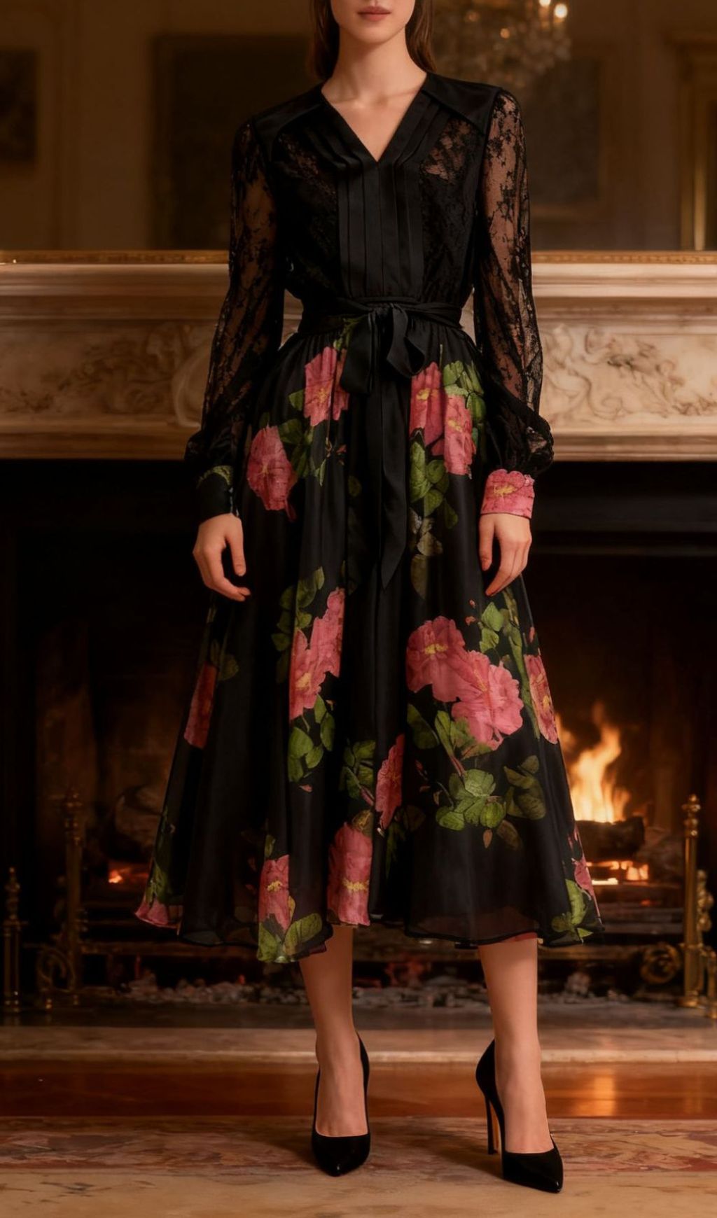 Isaye Elegant Black Floral Lace Midi Dress - Long Sleeve Wrap Style