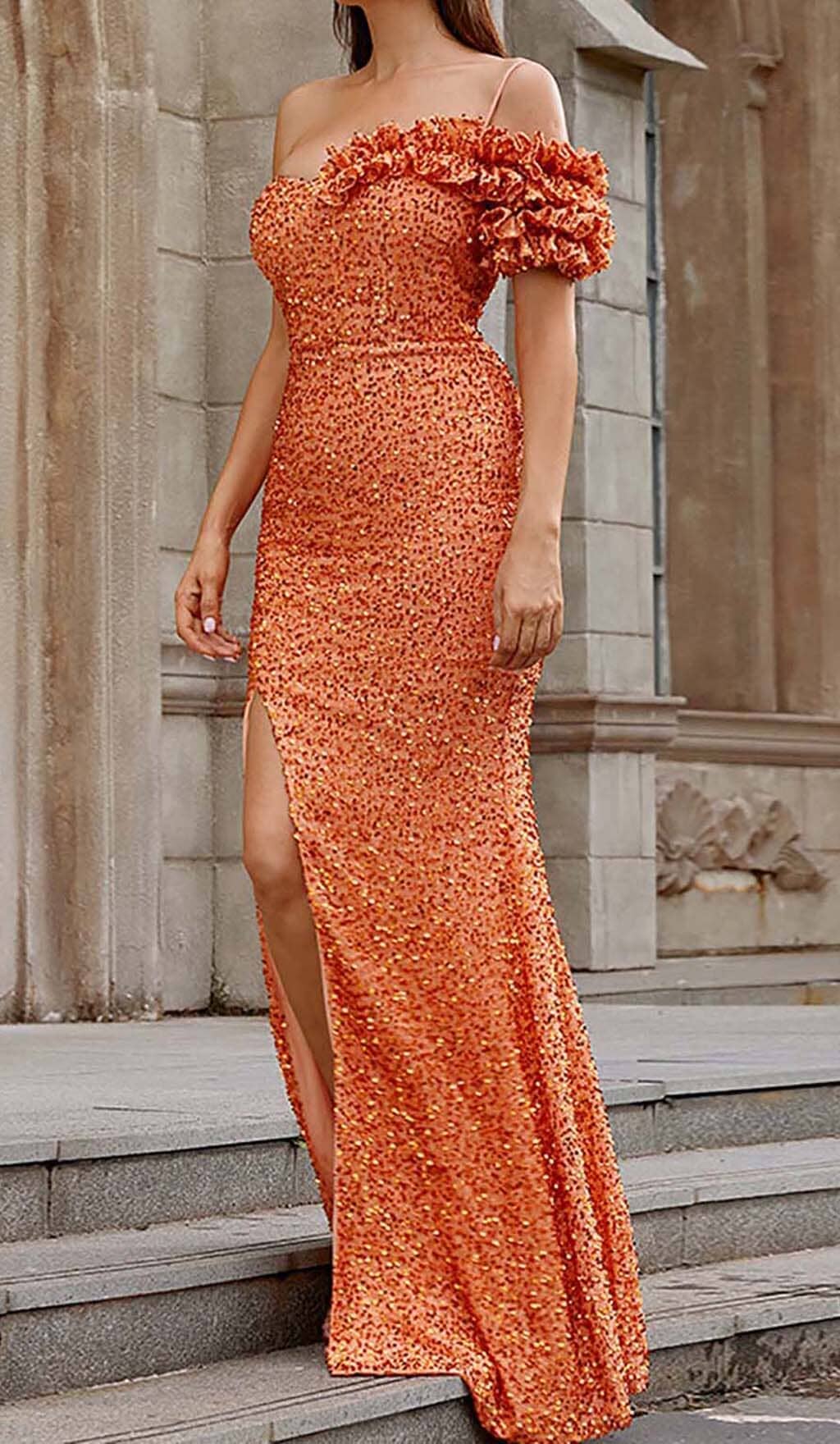 Ayn Orange Sequined Slit Maxi Dress