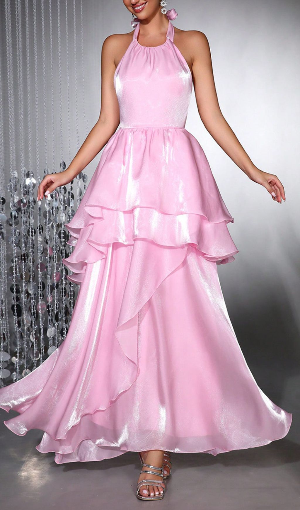 Haloke Shimmer Pink Halter Tiered Ruffle Maxi Dress - Elegant Occasion Gown