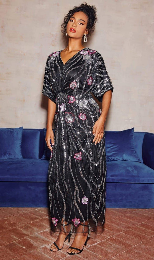 Doreen Black Floral Sequin Maxi Dress - Elegant Evening & Gala Gown