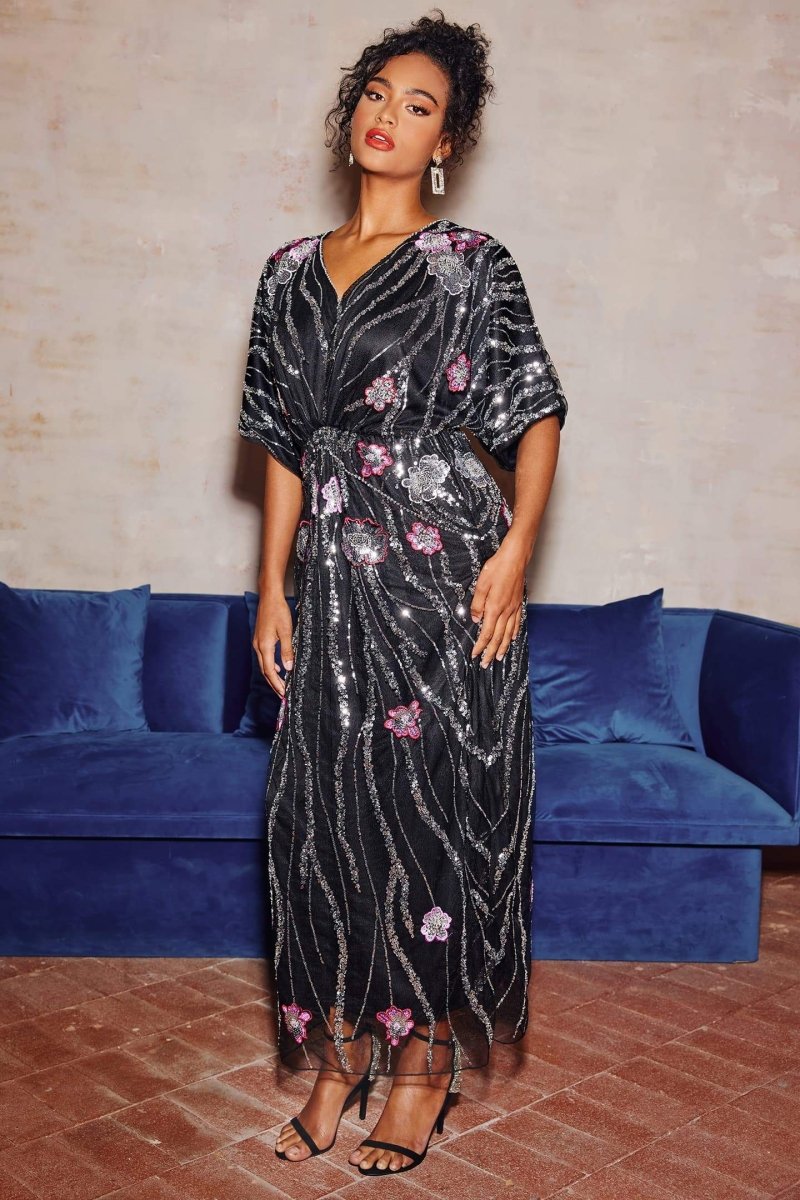 Doreen Black Floral Sequin Maxi Dress - Elegant Evening & Gala Gown