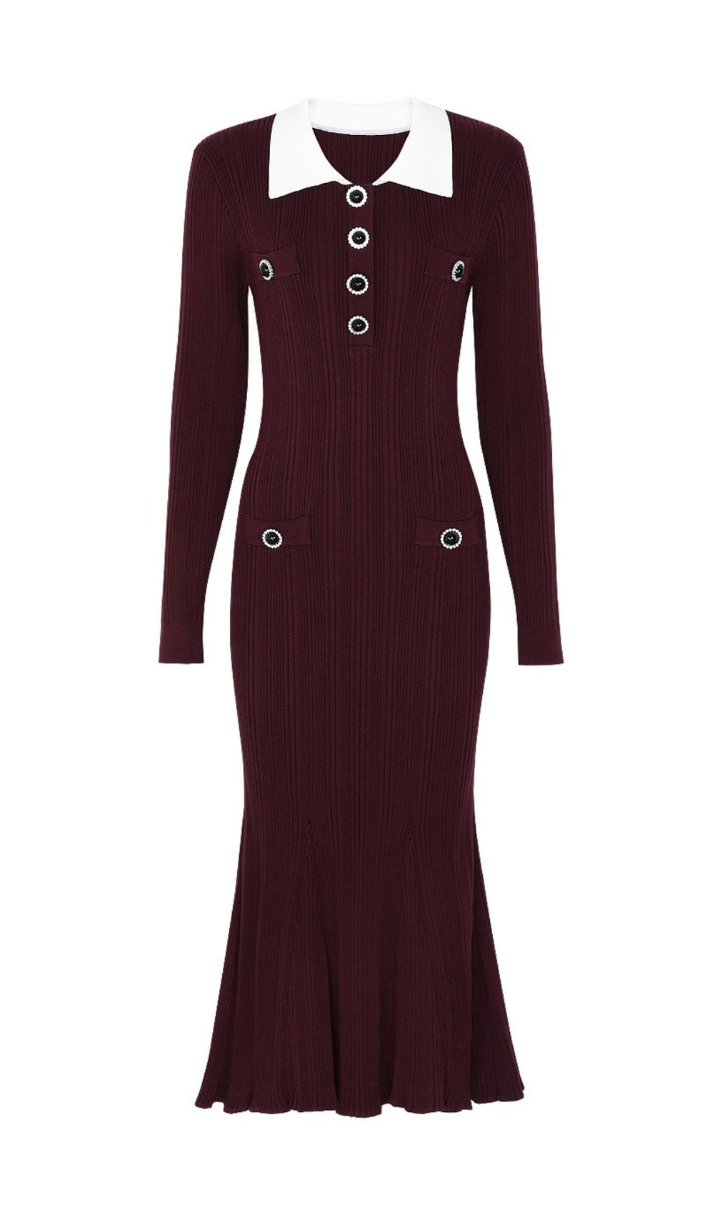 Javier Ribbed Knit Midi Dress - Long Sleeve, Contrast Collar & Burgundy Hue