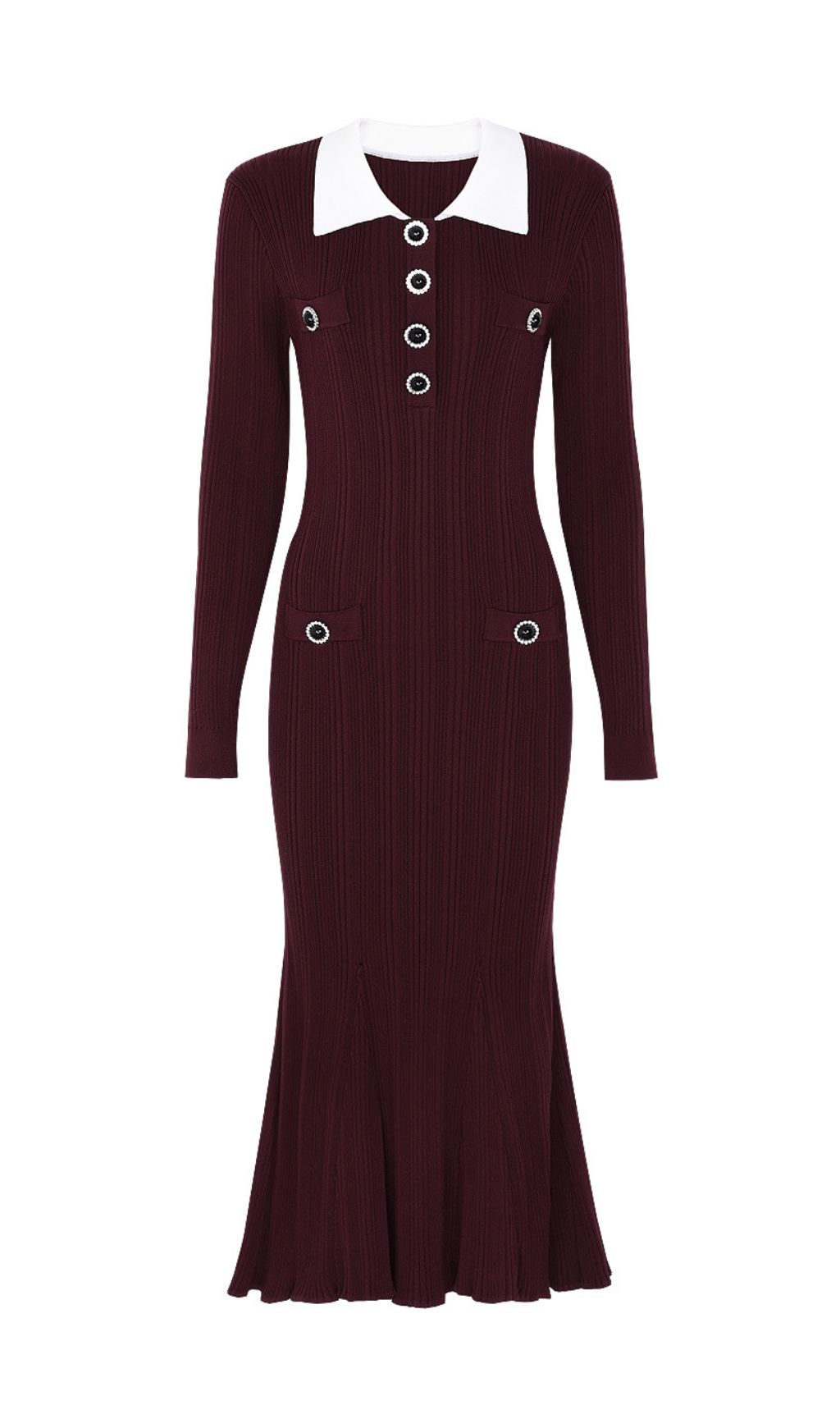Javier Ribbed Knit Midi Dress - Long Sleeve, Contrast Collar & Burgundy Hue
