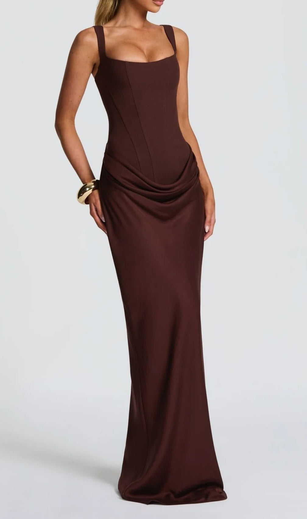 Keelia Luxe Brown Corset Maxi Dress | Elegant Ruched Gown for Special Occasions