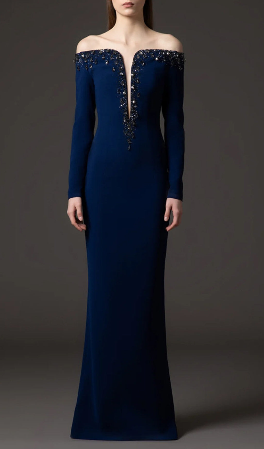 Eurybia Navy Off-Shoulder Crystal Maxi Dress