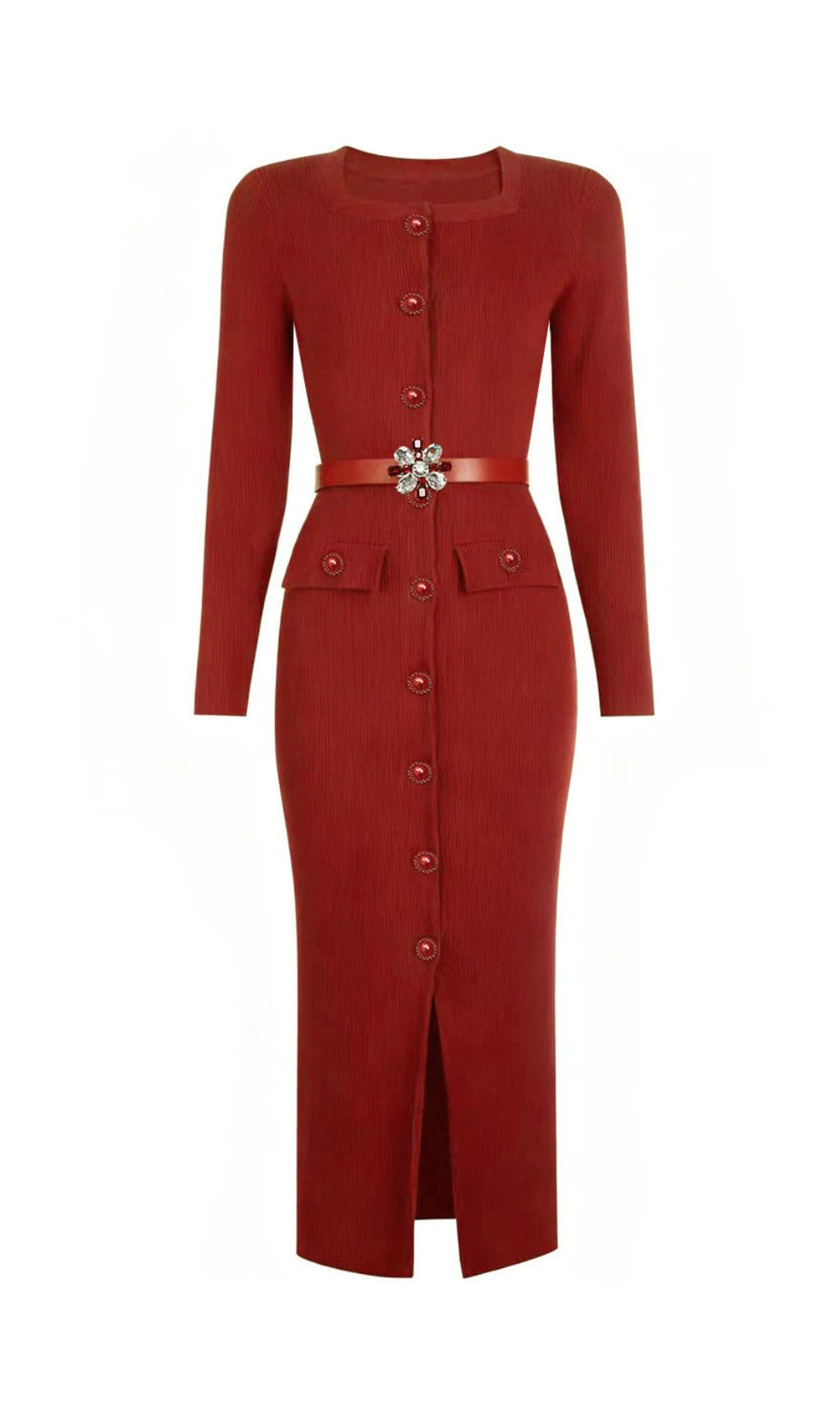 The June Knit Midi Dress: Elegant Ribbed Style with Embellished Belt