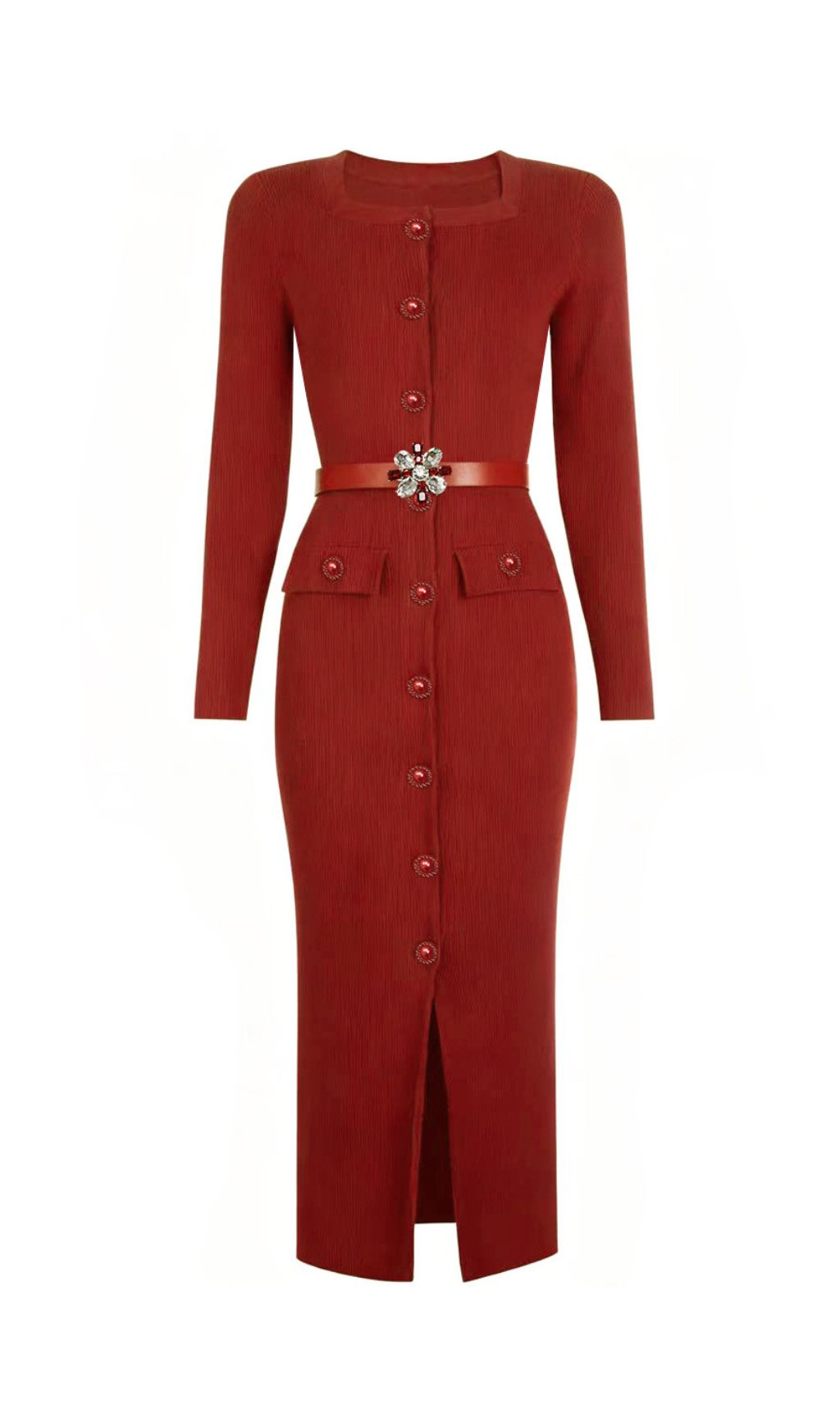 The June Knit Midi Dress: Elegant Ribbed Style with Embellished Belt