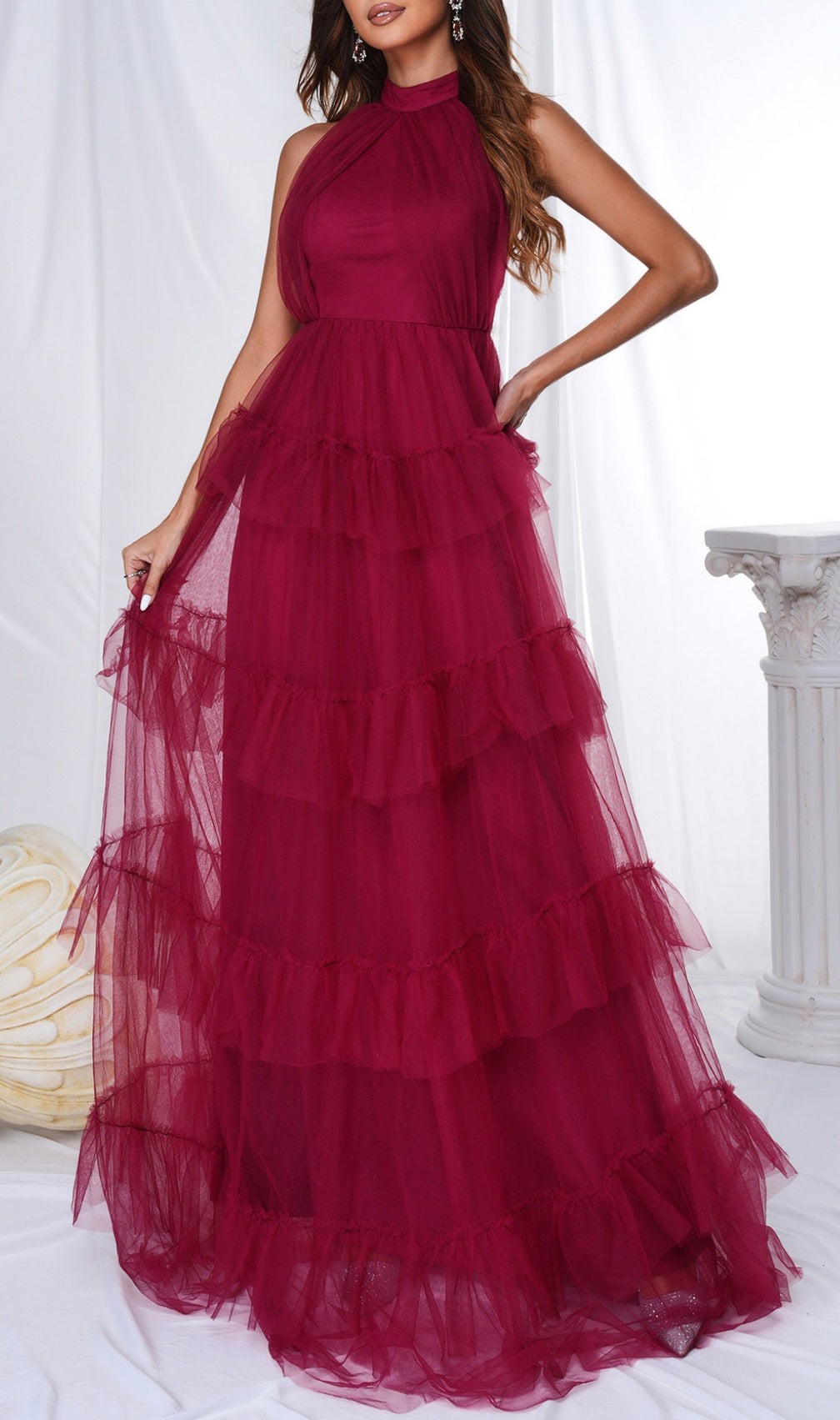 Bozica Red Halter Mesh Maxi Dress