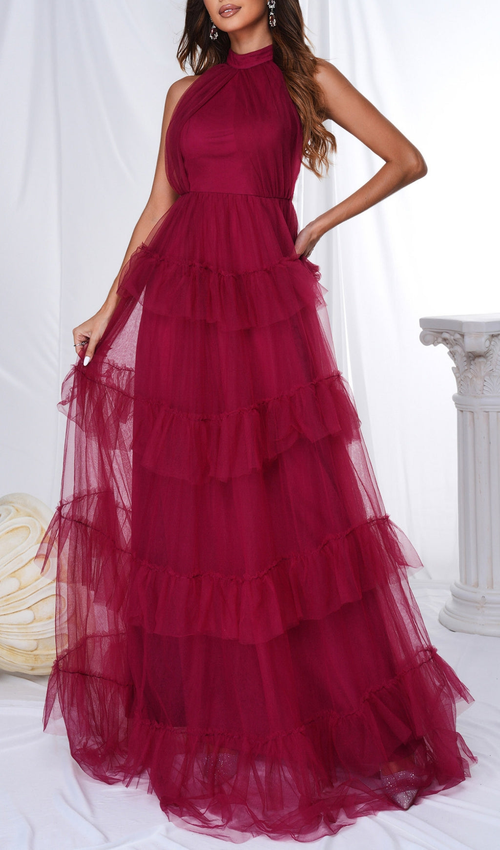 Bozica Red Halter Mesh Maxi Dress