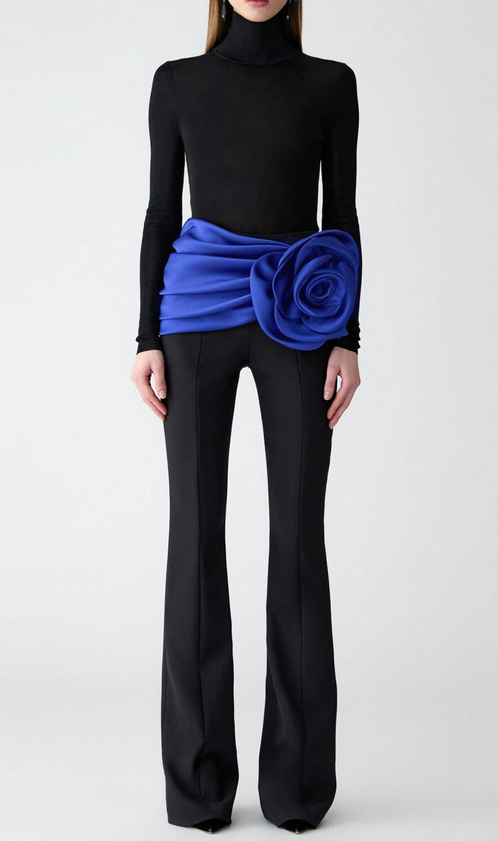 Joie Black 3-Piece Set: Bodysuit, Flare Pants & Vibrant Blue Floral Belt