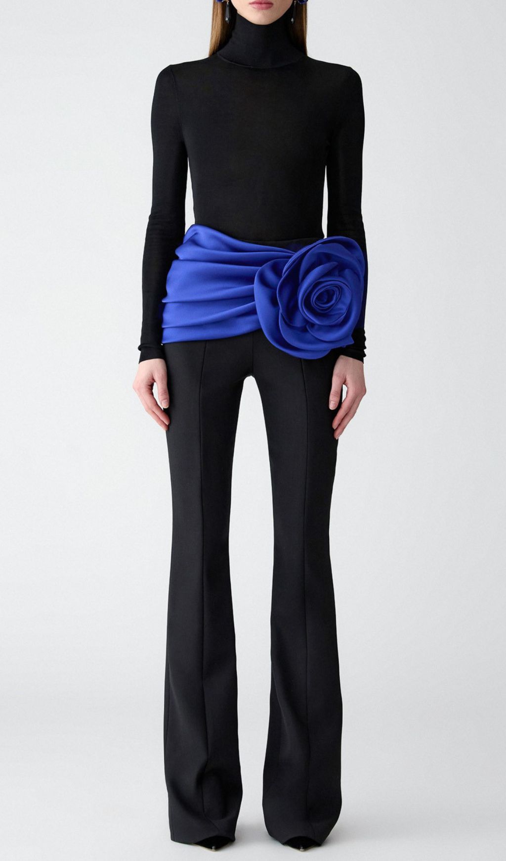 Joie Black 3-Piece Set: Bodysuit, Flare Pants & Vibrant Blue Floral Belt